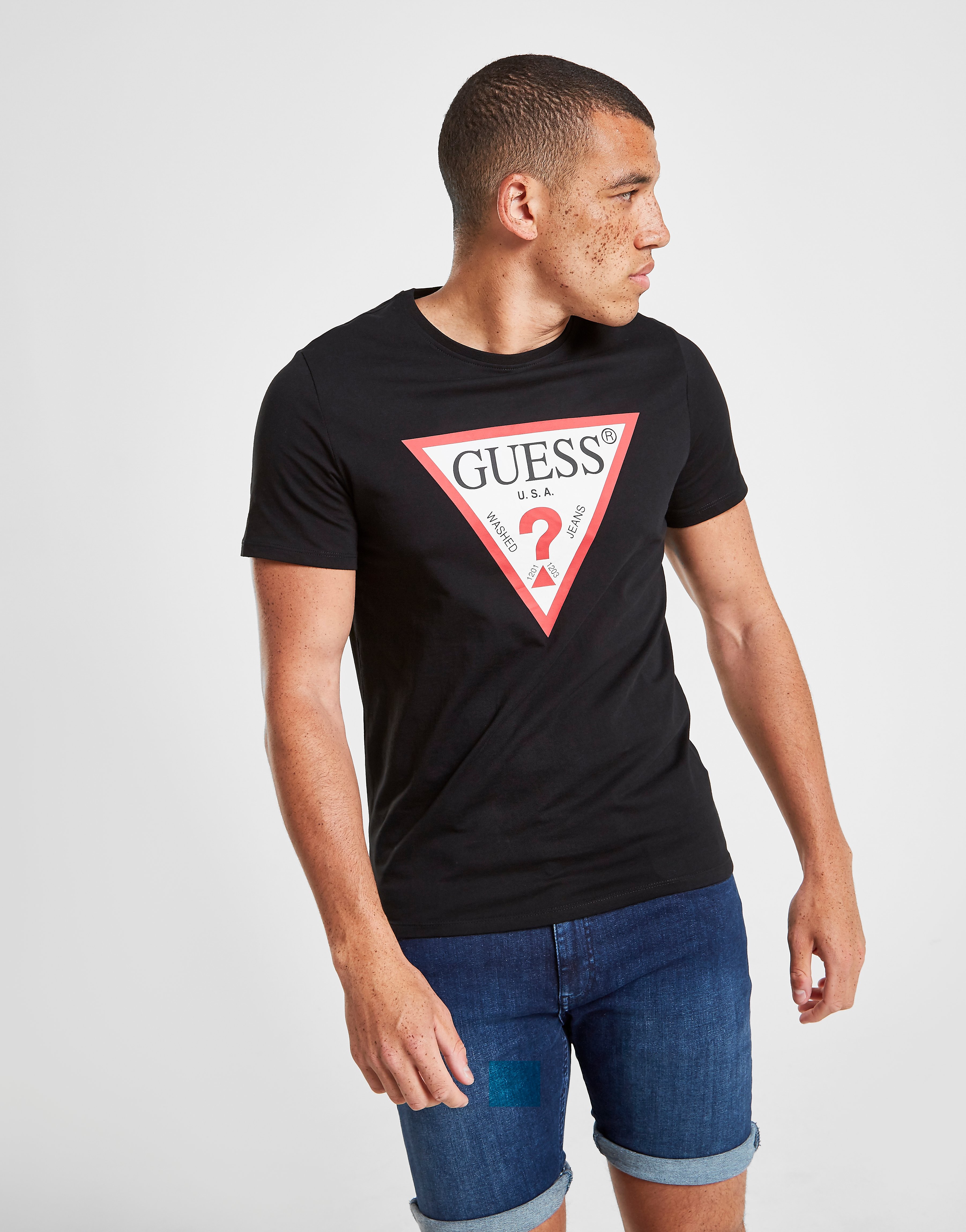 

GUESS Core Tri Logo Short Sleeve T-Shirt - Black/White/Red - Mens, Black/White/Red