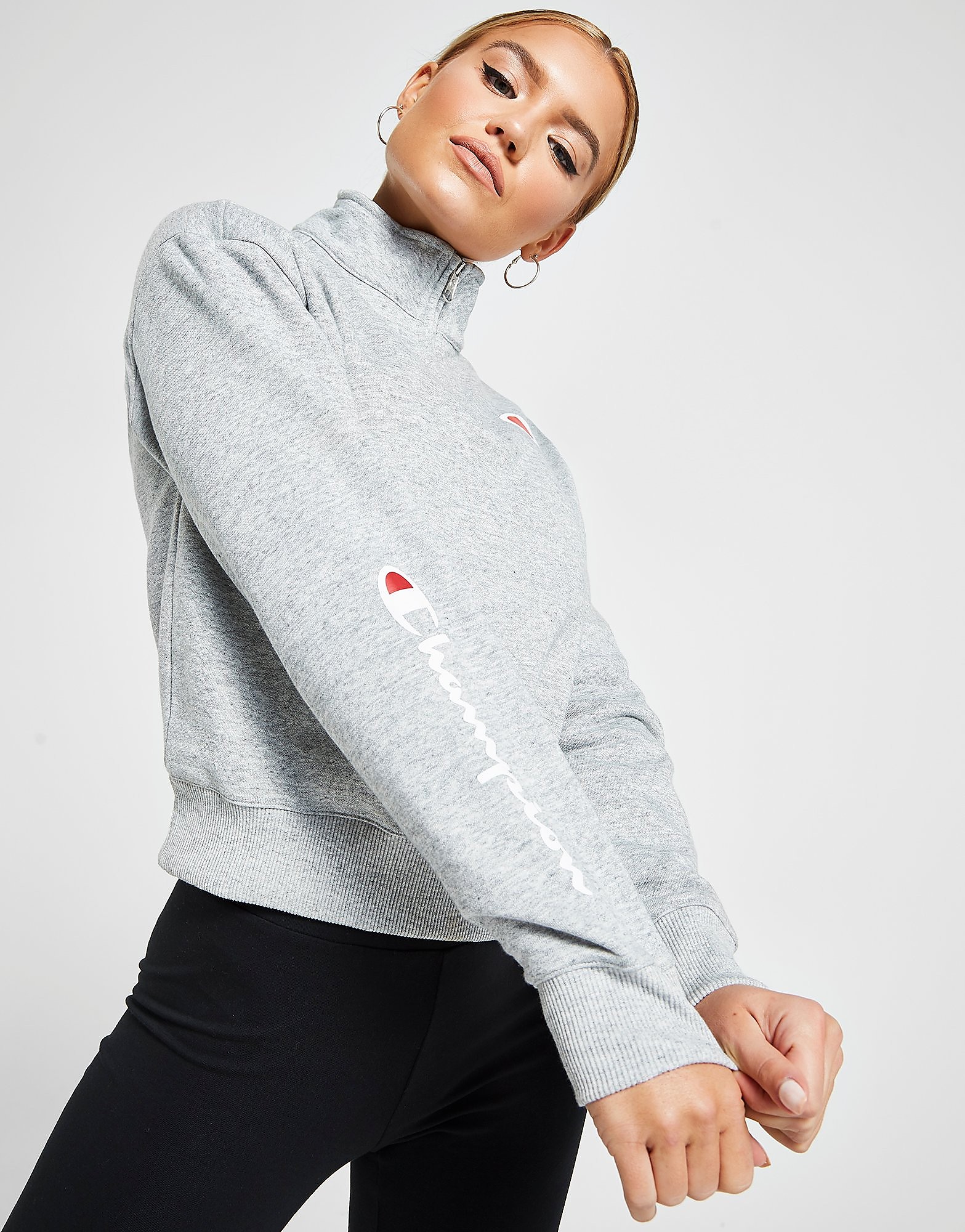 

Champion Script Sleeve 1/4 Zip Sweatshirt - Only at JD - Grey/White - Womens, Grey/White