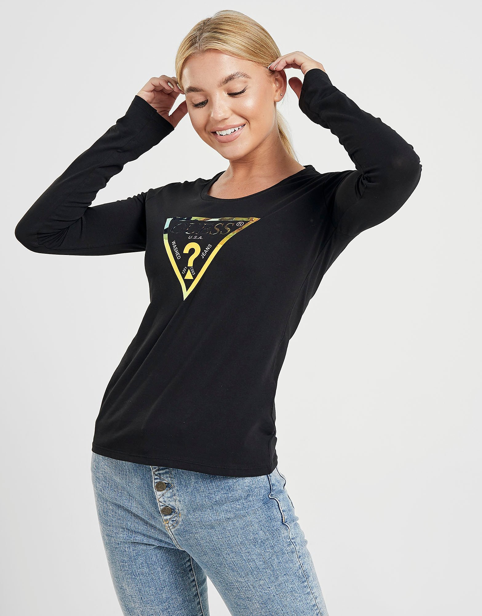 

GUESS Long Sleeve Mirror T-Shirt - Black - Womens, Black
