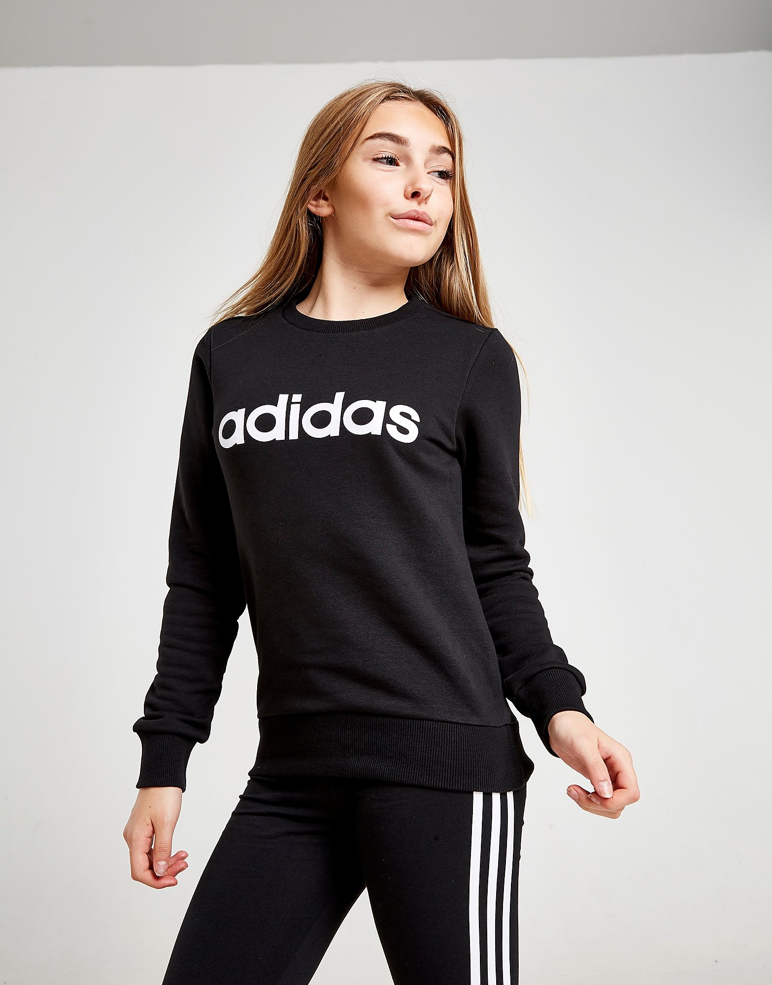 adidas Girls' Linear Cew Sweatshirt Junior - Black / White - Kids, Black / White