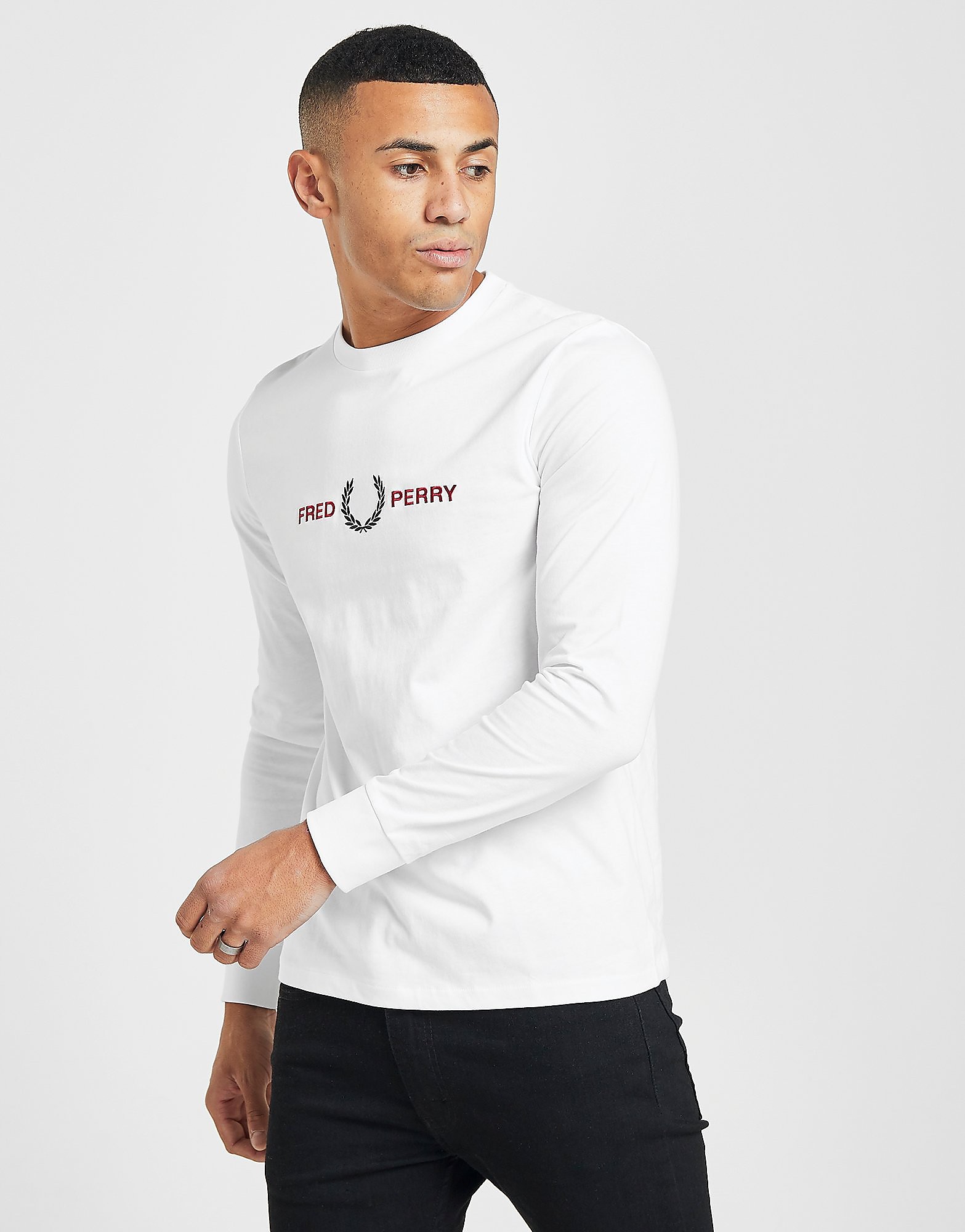 

Fred Perry Embroidered Long Sleeve T-Shirt - Only at JD - White/Red - Mens, White/Red