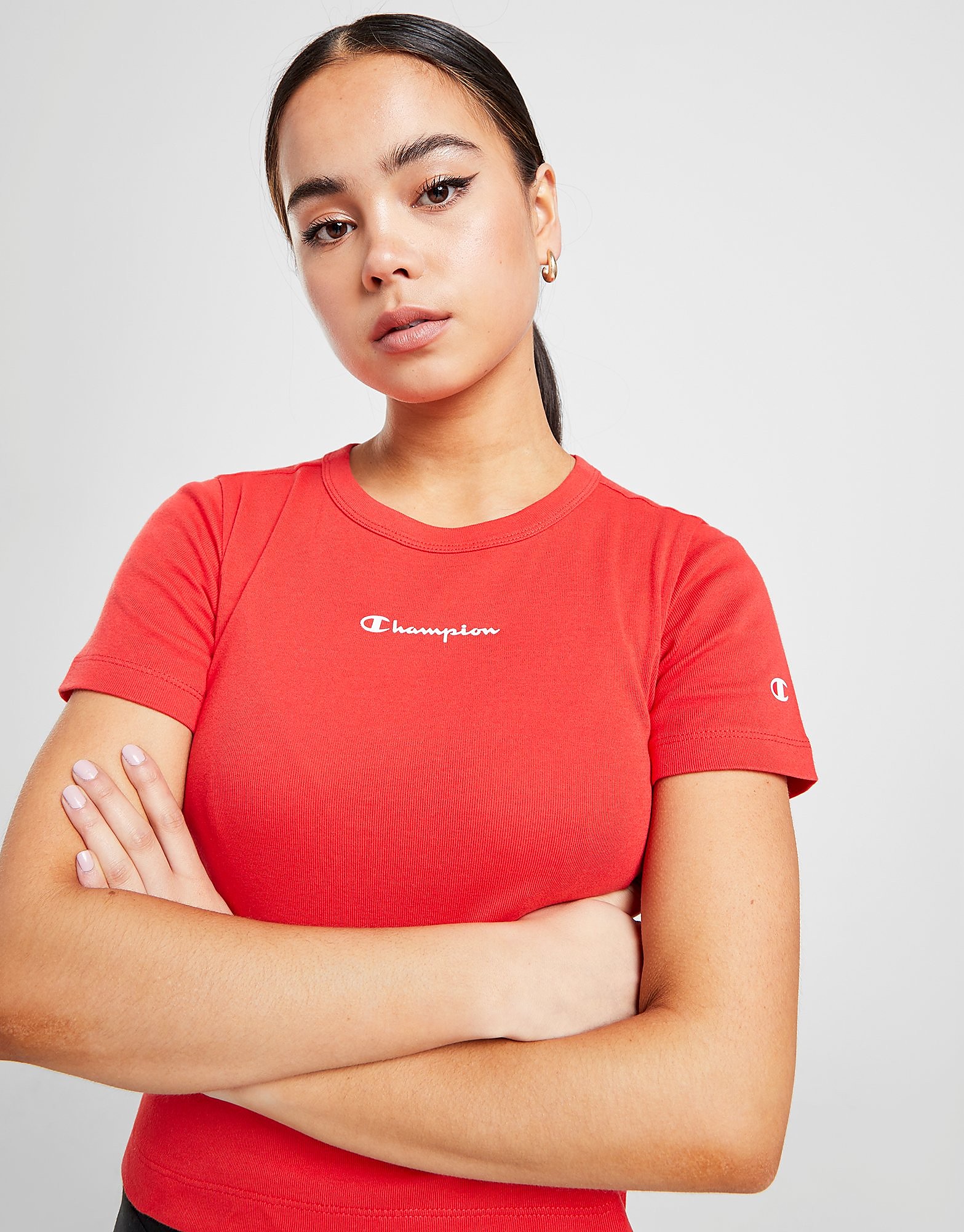 

Champion Small Logo Slim Crop T-Shirt - Red - Womens, Red