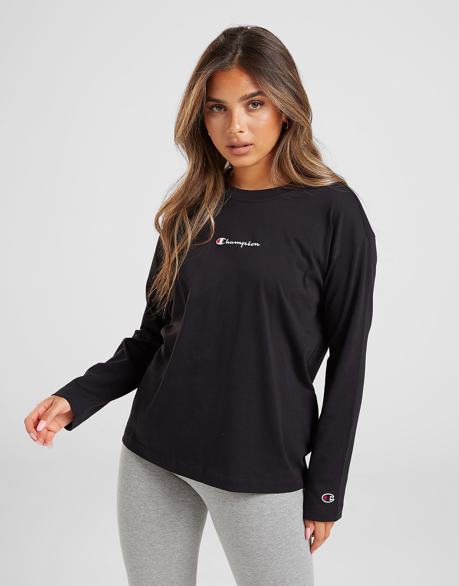 

Champion Script Logo Long Sleeve T-Shirt - Black - Womens, Black