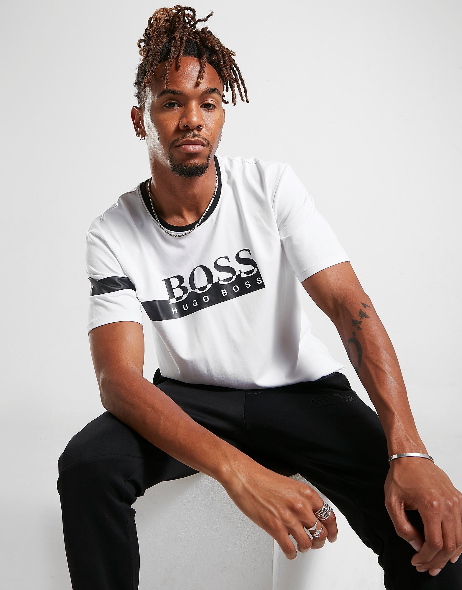 

BOSS Band Logo Short Sleeve T-Shirt - White/Black - Mens, White/Black