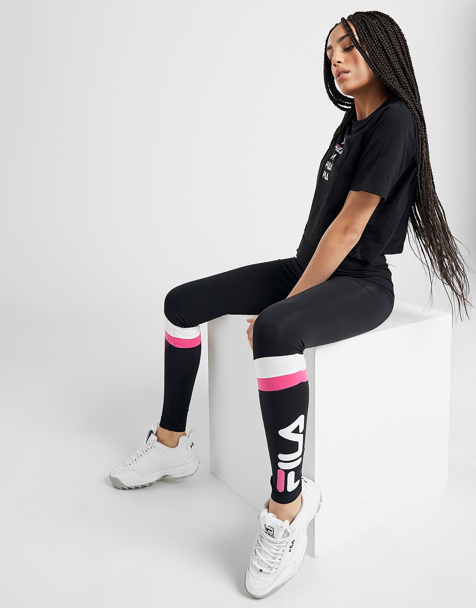 Fila Chevron Panel Leggings - Only at JD - BLACK/BLK/PNK$ - Womens, BLACK/BLK/PNK$