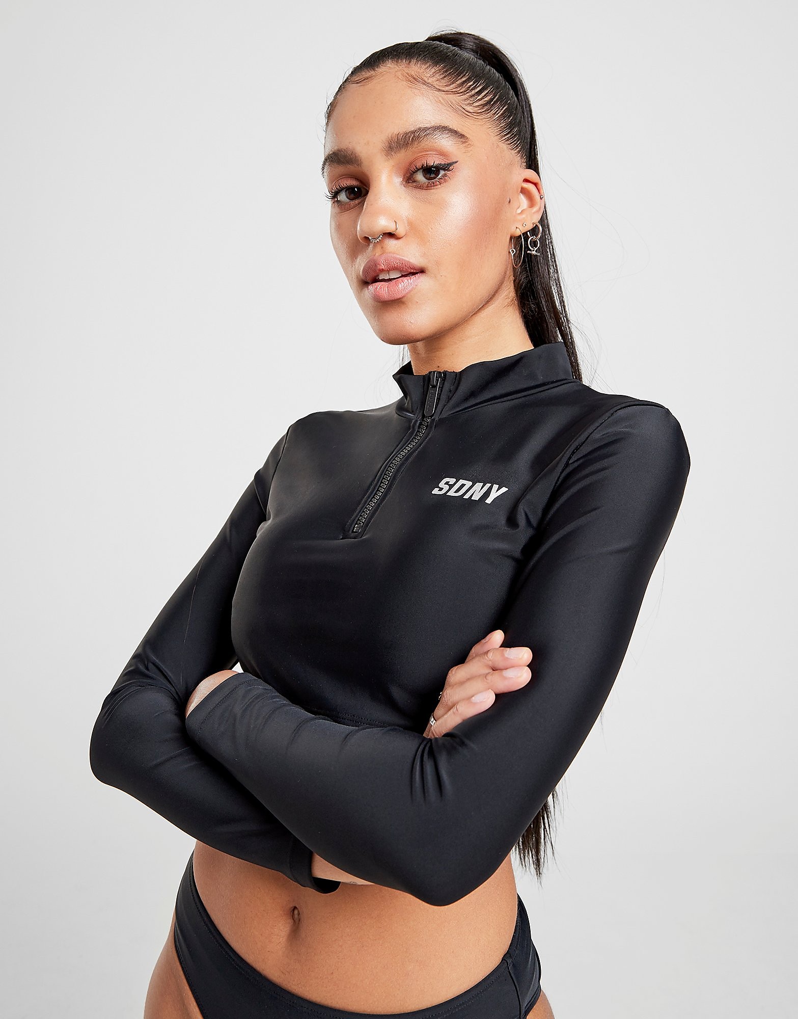 

Supply & Demand Avalon 1/2 Zip Long Sleeve Bikini Top - Only at JD - Black - Womens, Black