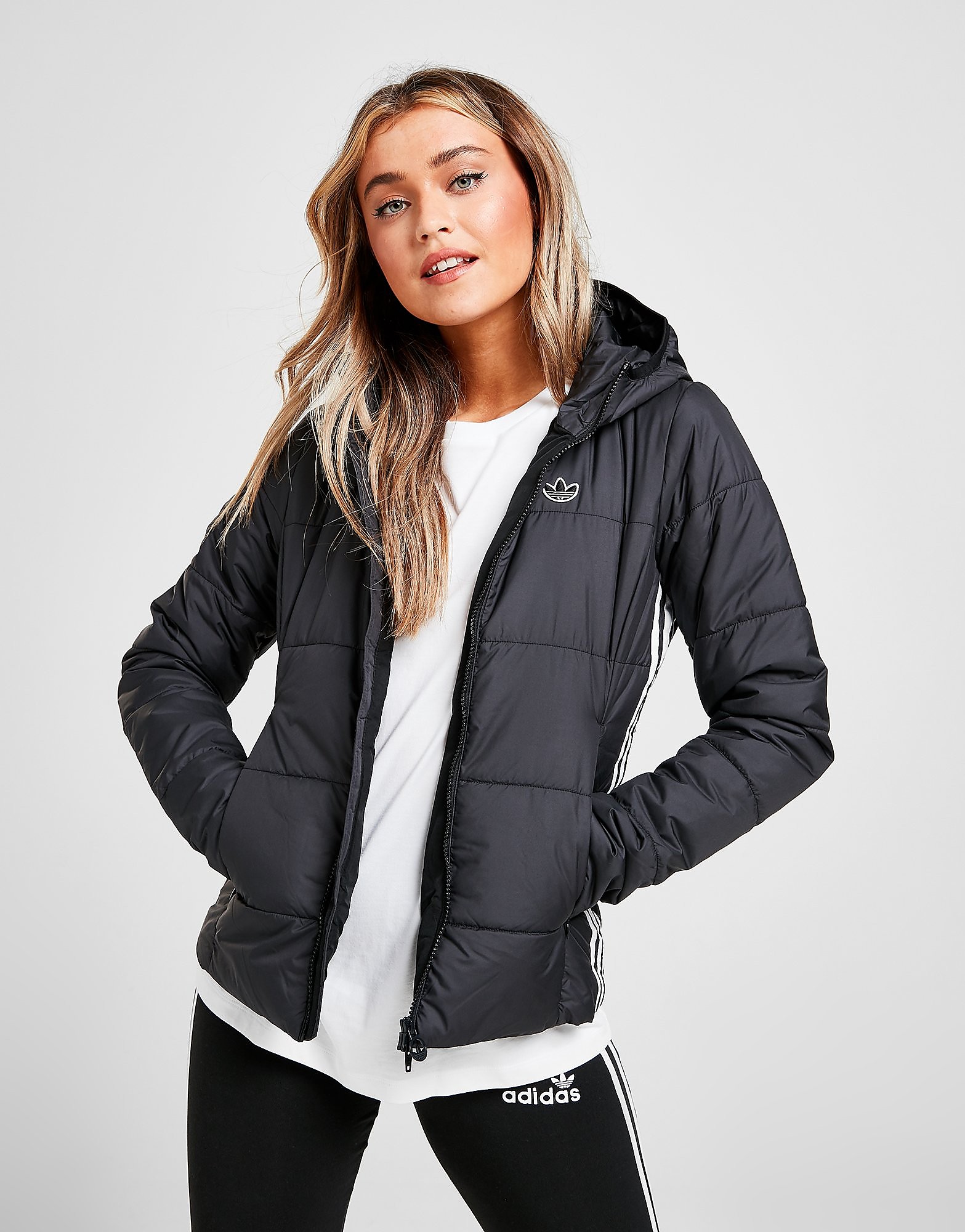 

adidas Originals 3-Stripes Slim Puffa Jacket - Black/White - Womens, Black/White