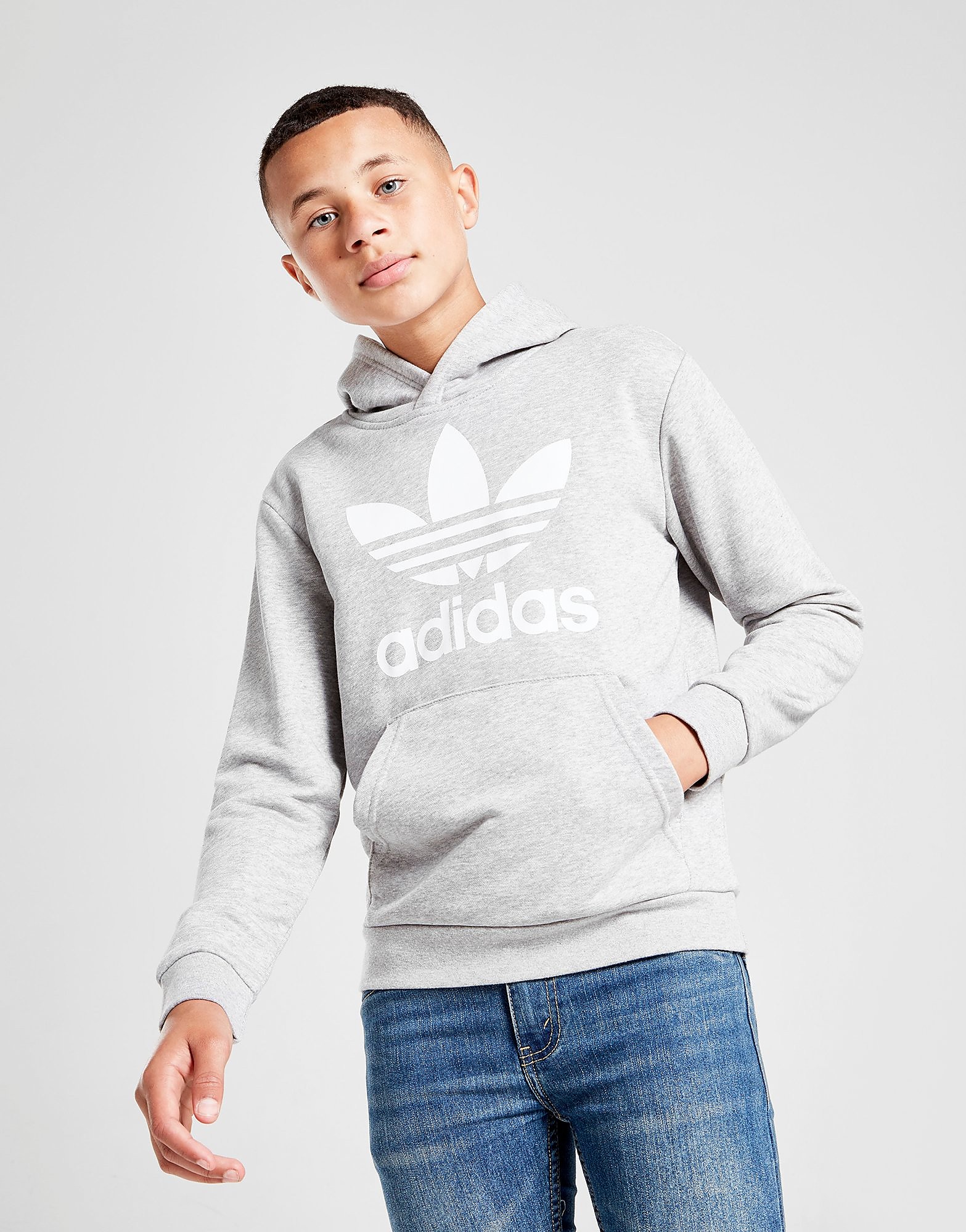 

adidas Originals Trefoil Hoodie Junior - Medium Grey Heather / White - Kids, Medium Grey Heather / White