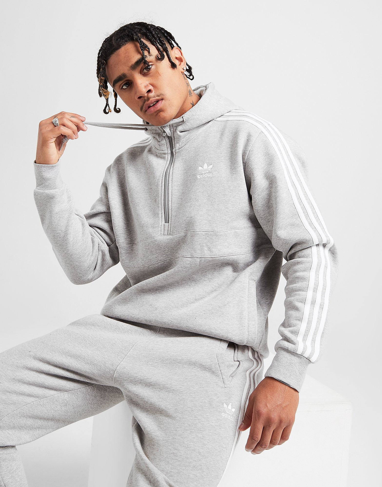 

adidas Originals 3-Stripes Cali 1/2 Zip Hoodie - Grey - Mens, Grey