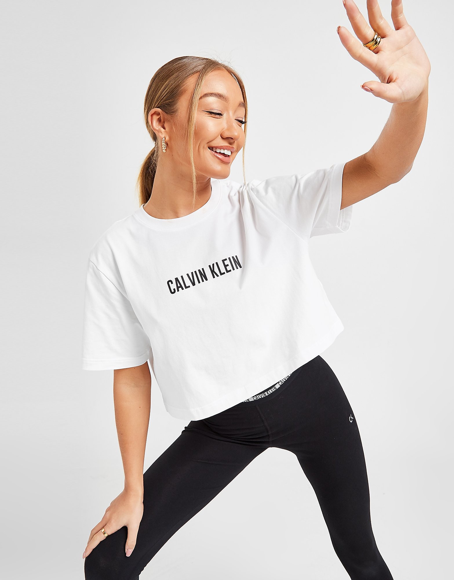 

Calvin Klein Performance Essential Crop Logo T-Shirt - White/Black - Womens, White/Black