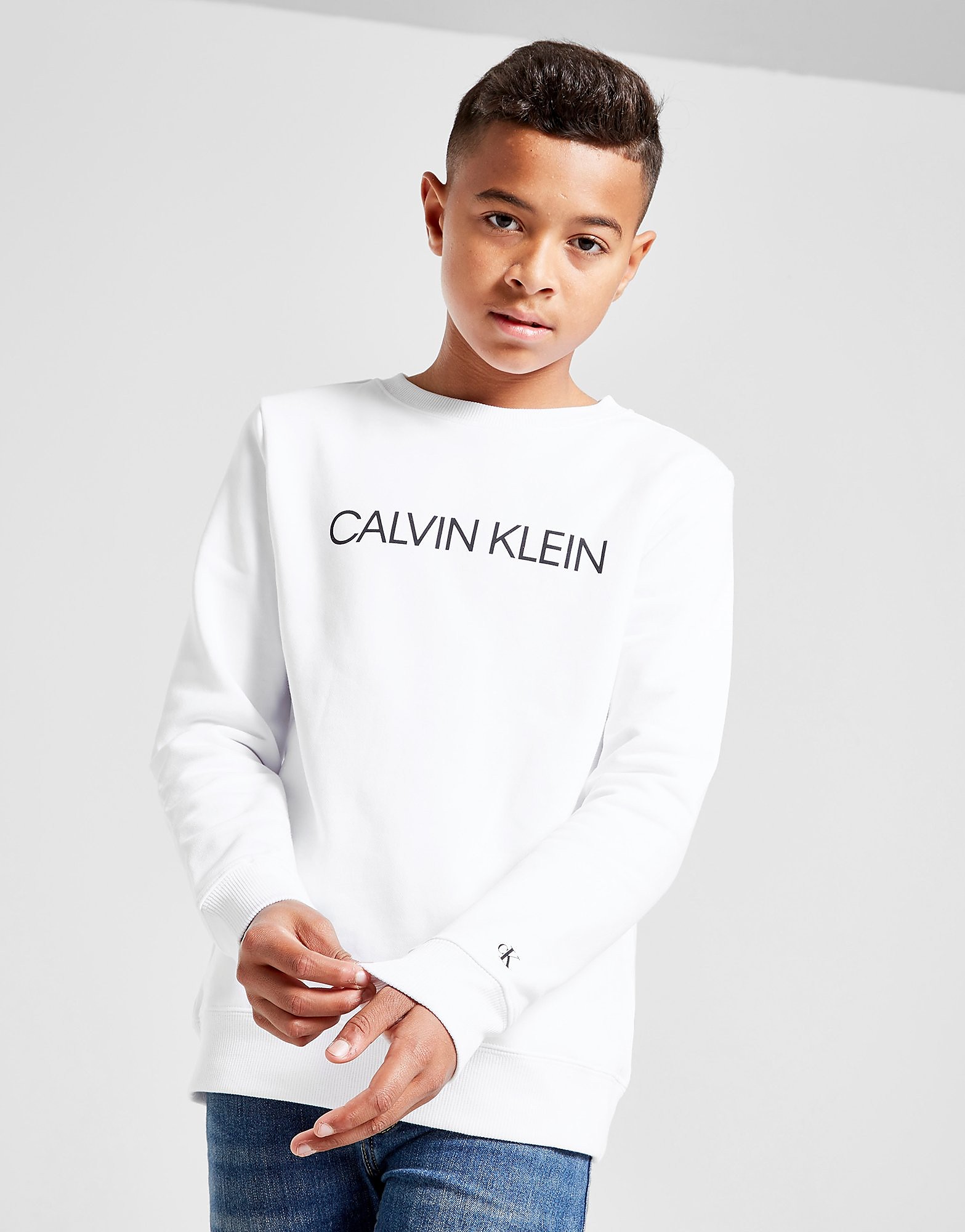Calvin Klein Institutional Logo Crew Sweatshirt Junior - White - Kids, White