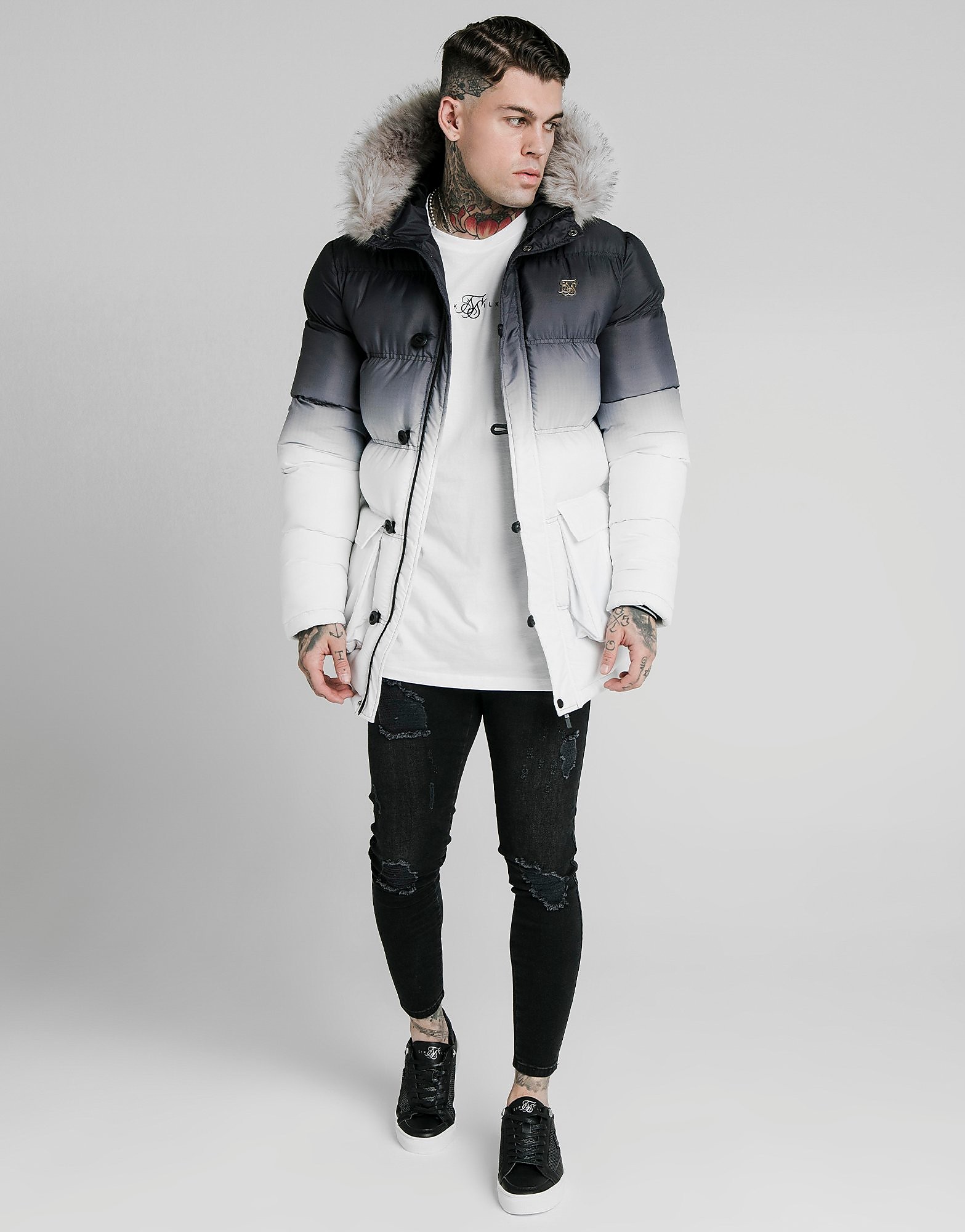 

SikSilk Long Fade Parka Jacket - Black/White - Mens, Black/White