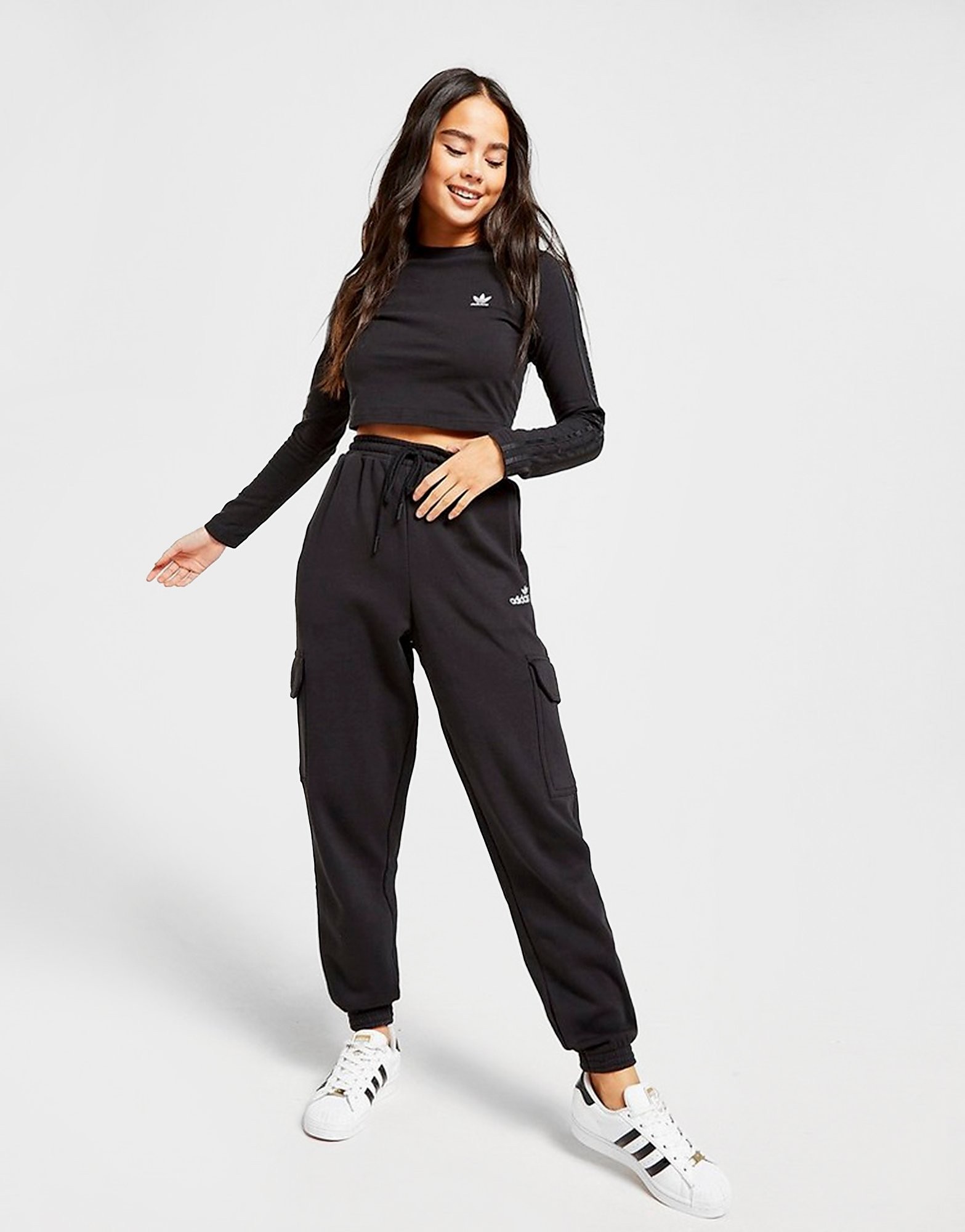 adidas Originals Linear Fleece Cargo Joggers - Black - Womens, Black
