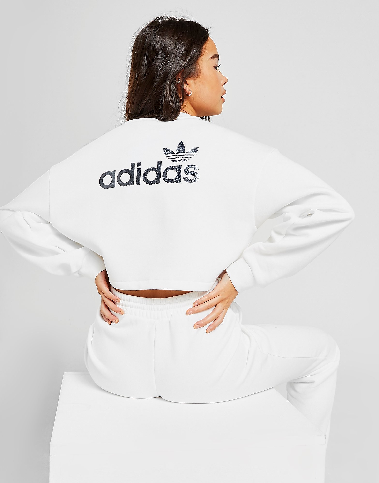 

adidas Originals Linear Glossy Crop Crew Sweatshirt - White/Black - Womens, White/Black