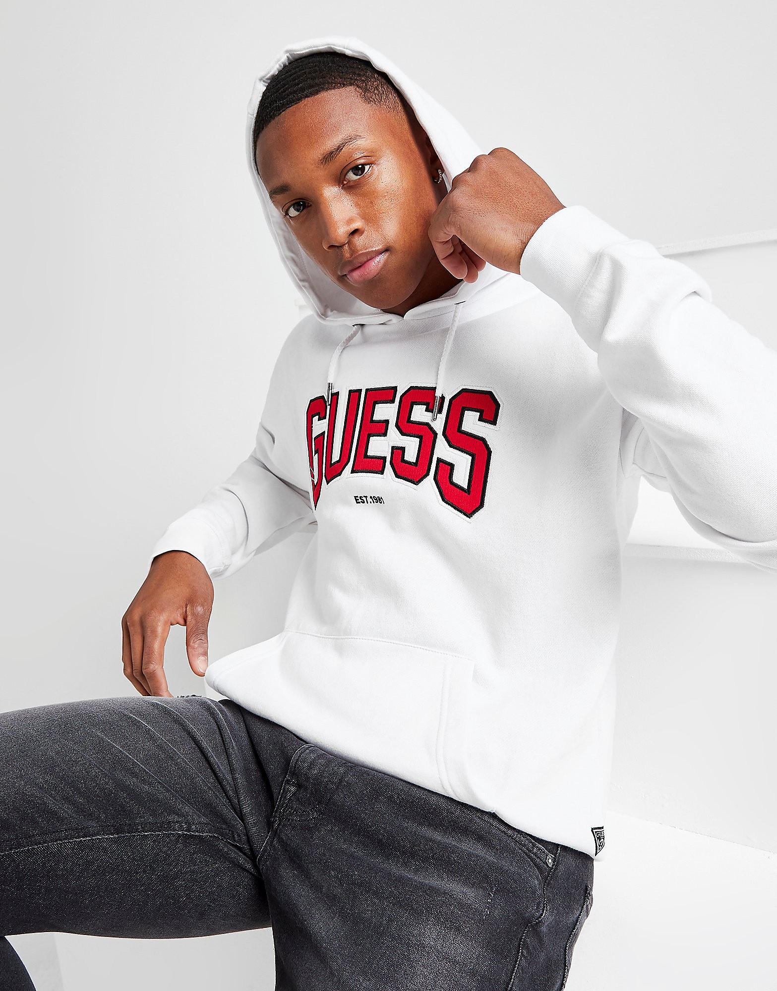 

GUESS College Logo Overhead Hoodie - Only at JD - White - Mens, White