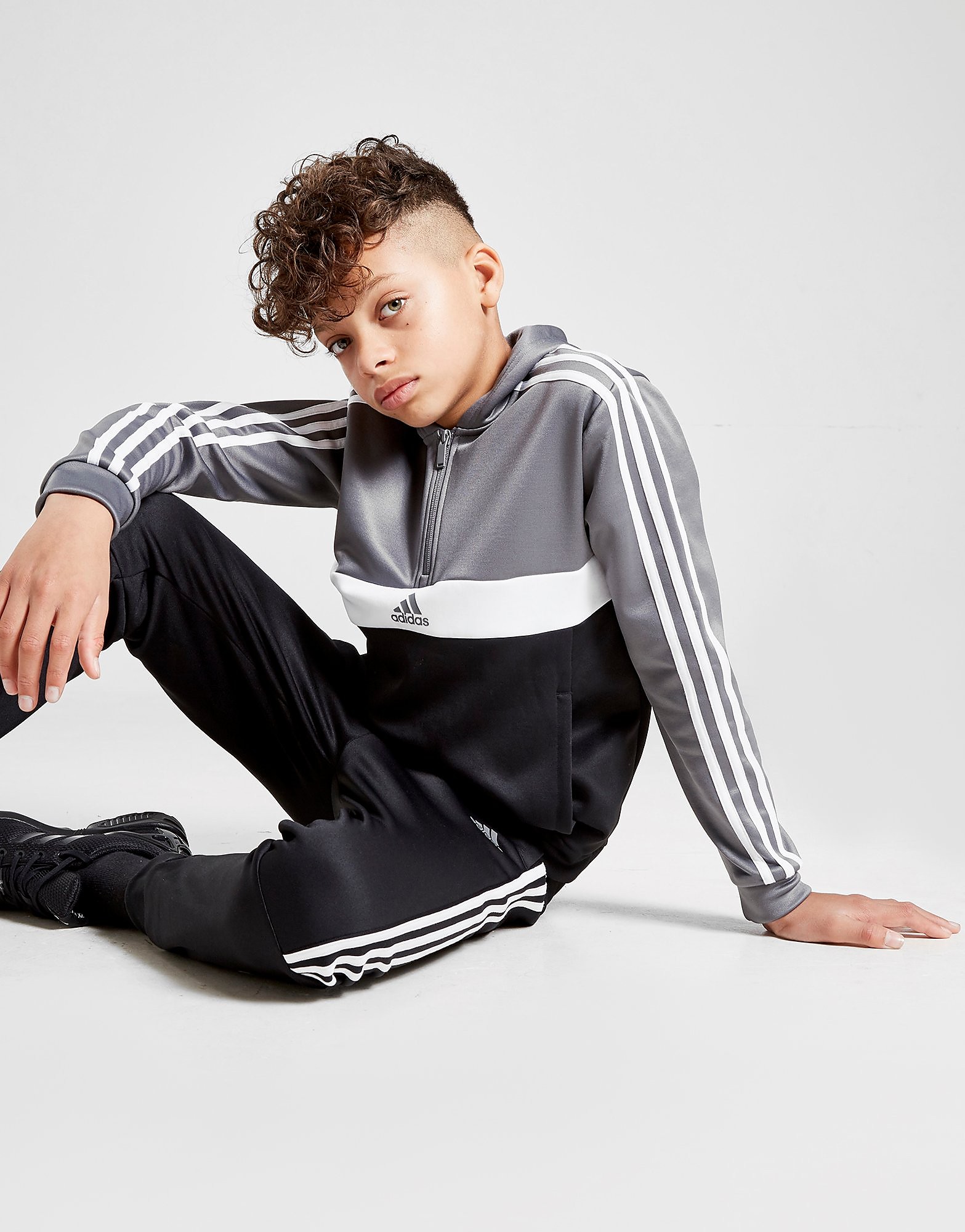 adidas 1/2 Zip Poly Hooded Tracksuit Junior - Only at JD - Black/Grey - Kids, Black/Grey