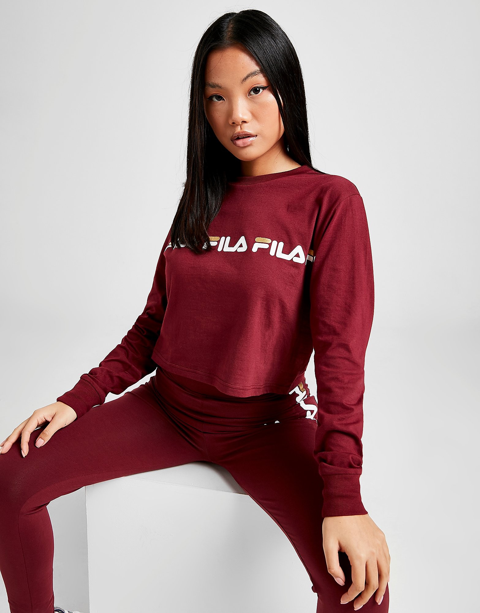 Fila Repeat Logo Long Sleeve Crop T-Shirt - Only at JD - Burgundy/Gold - Womens, Burgundy/Gold