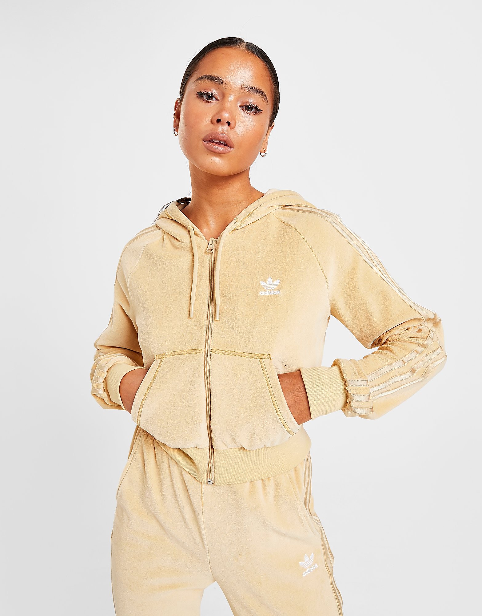 

adidas Originals 3-Stripes Velour Full Zip Hoodie - Hazy Beige - Womens, Hazy Beige
