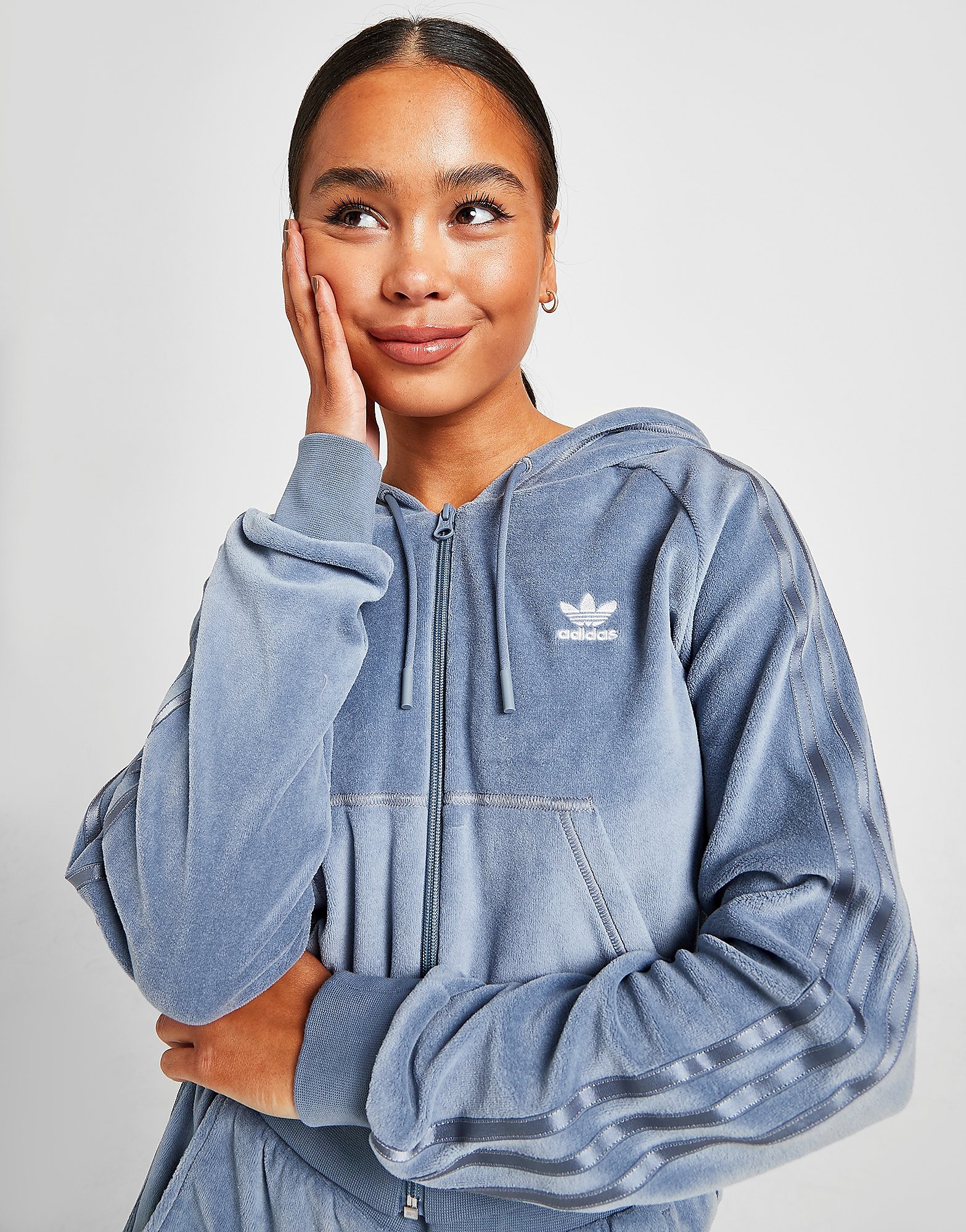 

adidas Originals 3-Stripes Velour Full Zip Hoodie - Spirit - Womens, Spirit