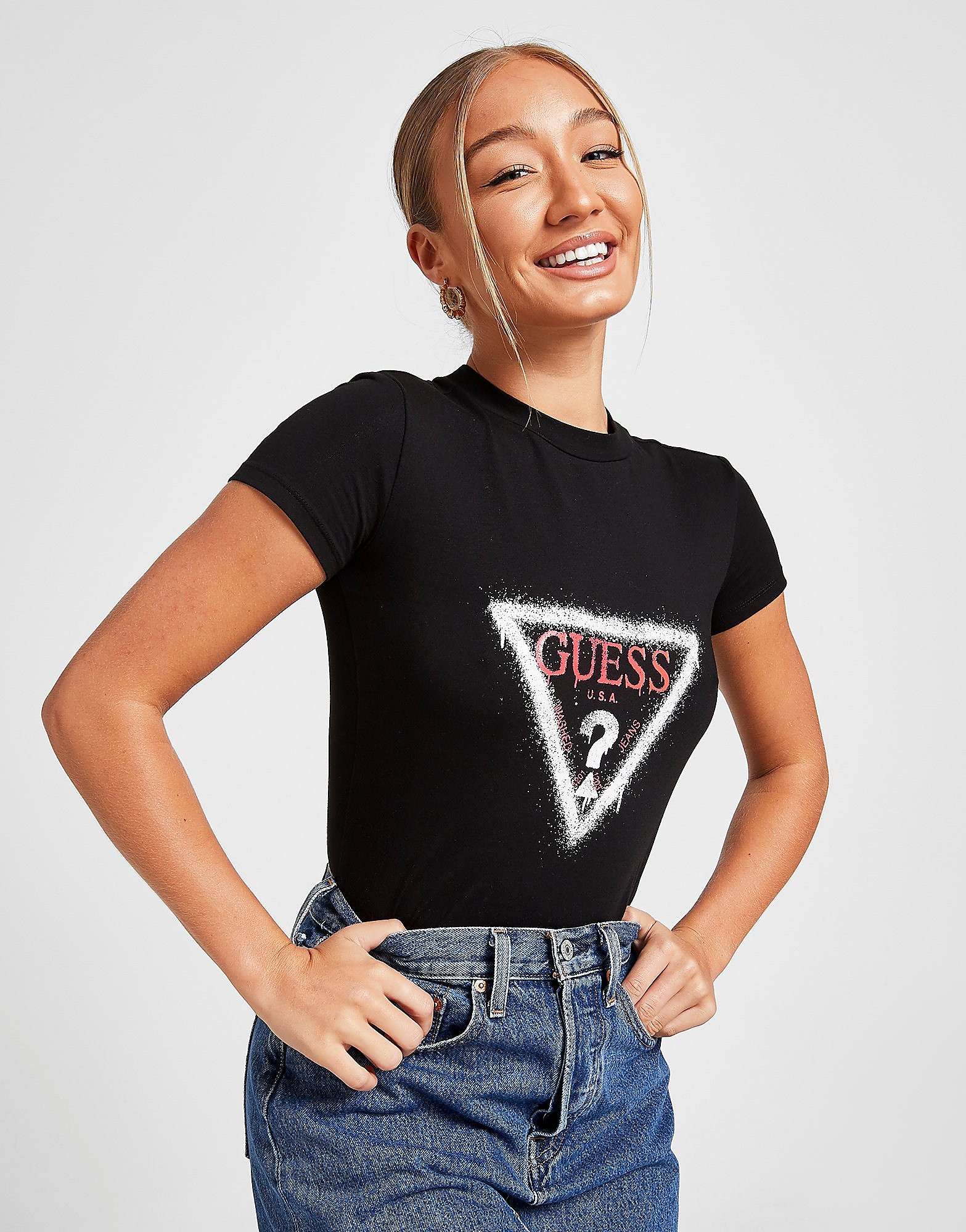 

GUESS Blur Logo Short Sleeve T-Shirt - Black/Pink - Womens, Black/Pink