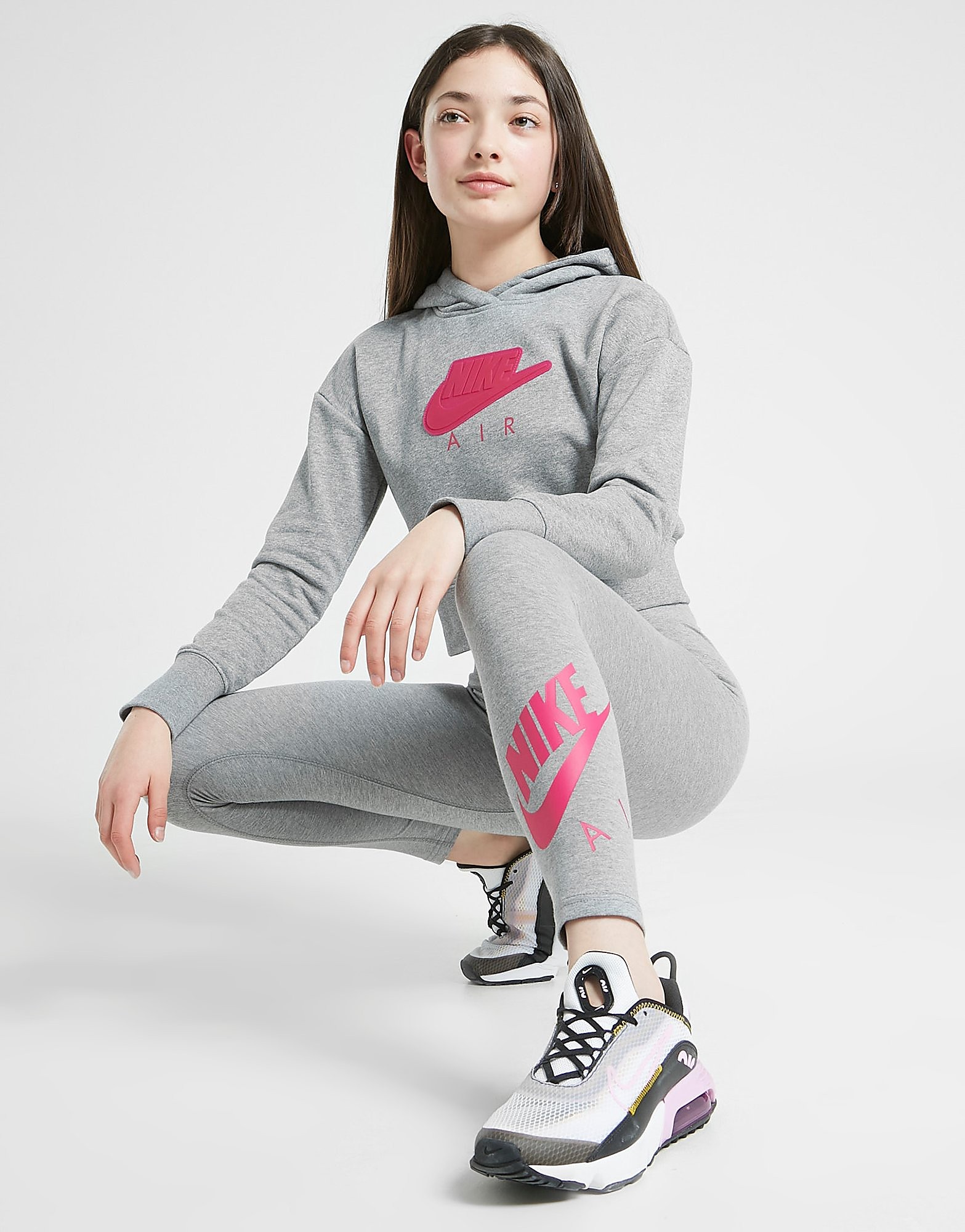 Nike Girls' Air French Terry Crop Hoodie Junior - Carbon Heather/Fireberry/Fireberry - Kids, Carbon Heather/Fireberry/Fireberry