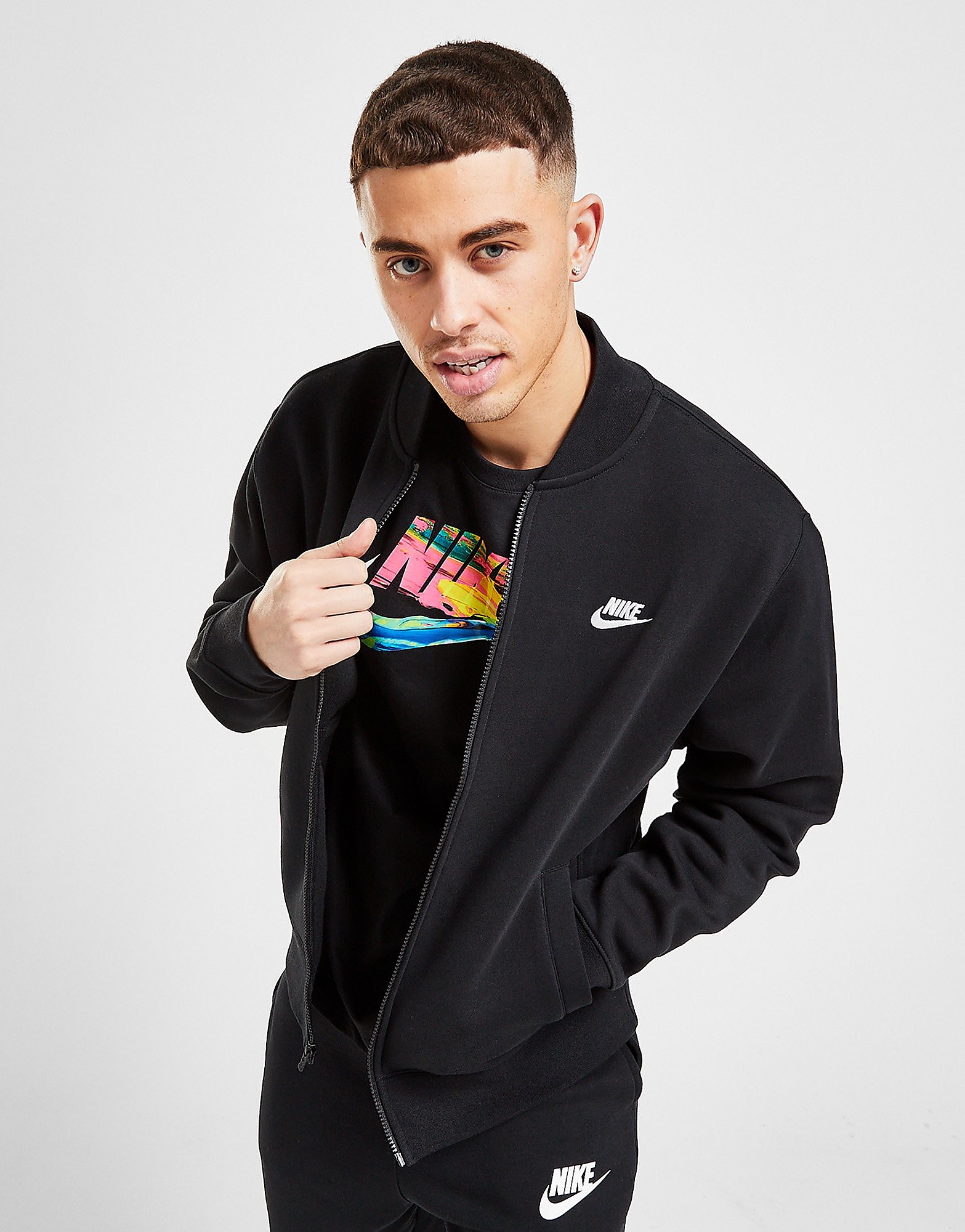 

Nike Club Fleece Bomber Track Top - Black/Black/Black/White - Mens, Black/Black/Black/White