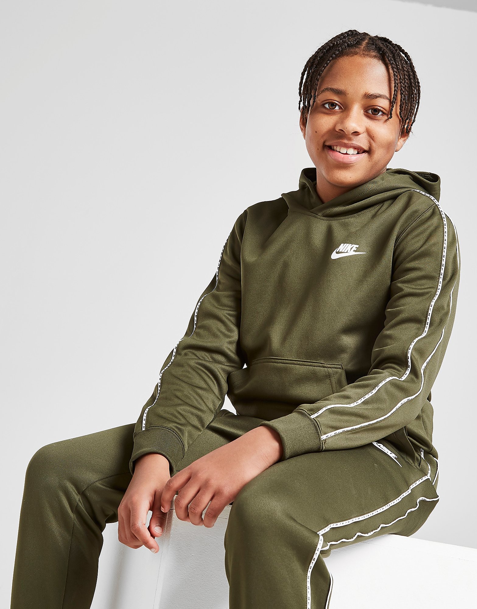 Nike Tape Poly Overhead Hoodie Junior - Cargo Khaki/White - Kids, Cargo Khaki/White