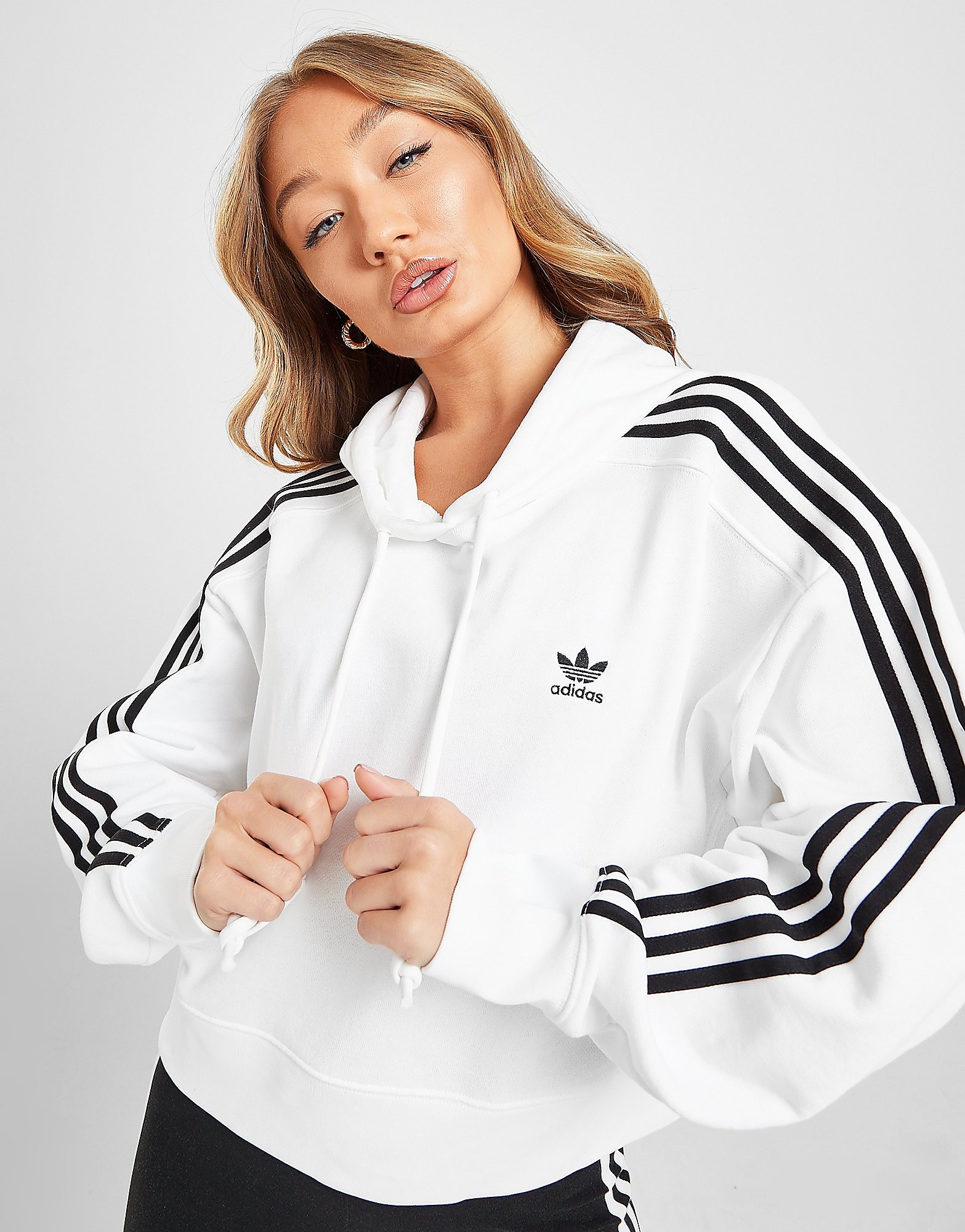

adidas Originals 3-Stripes Adicolour Crop Hoodie - White/Black - Womens, White/Black