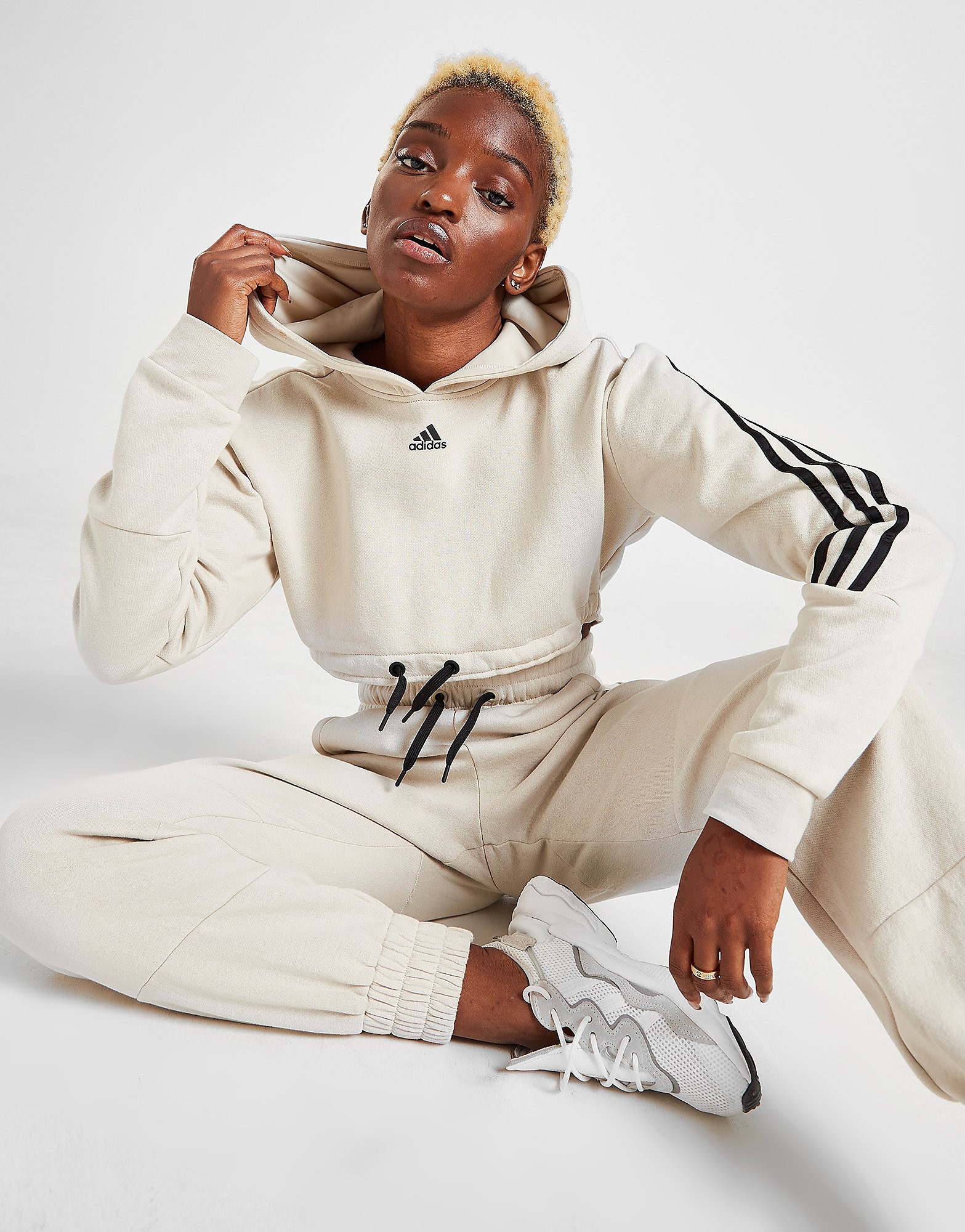 

adidas 3-Stripes Micro Crop Hoodie - Aluminium / Black - Womens, Aluminium / Black