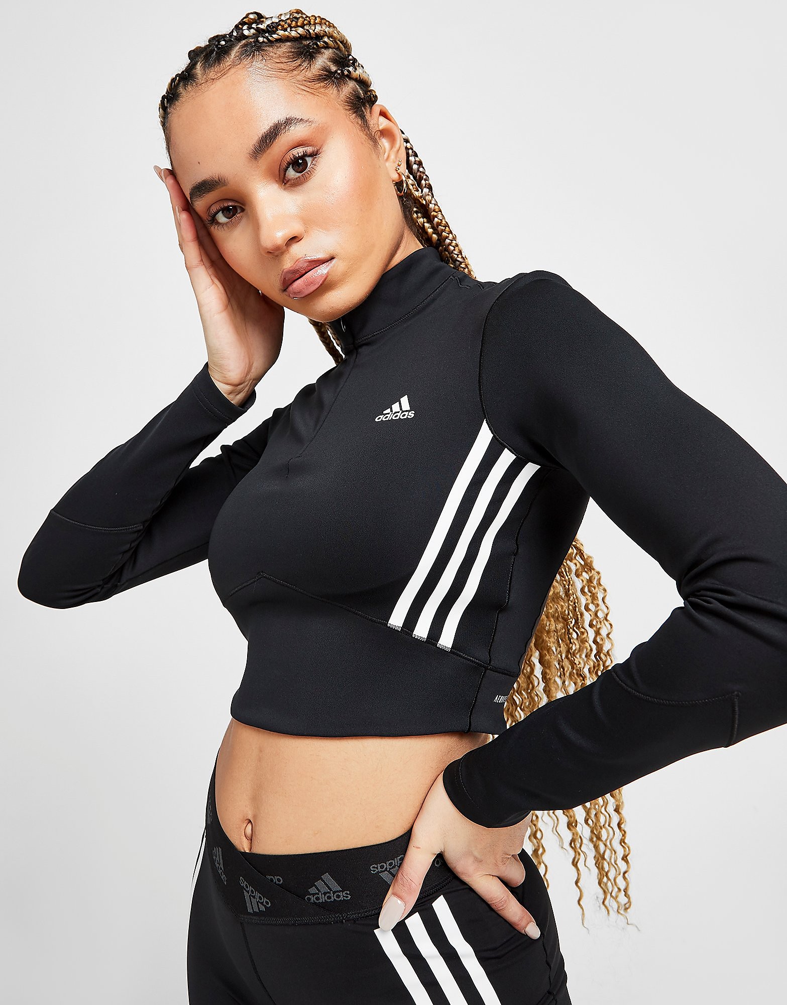 

adidas 3-Stripes Mesh Crop 1/4 Zip Top - Only at JD - Black / White/White - Womens, Black / White/White