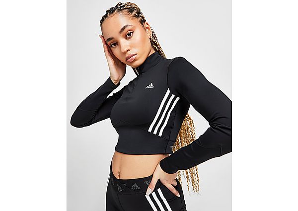 adidas Crop Top 1/4 Zip 3-Stripes Mesh Femme - Black / White, Black / White