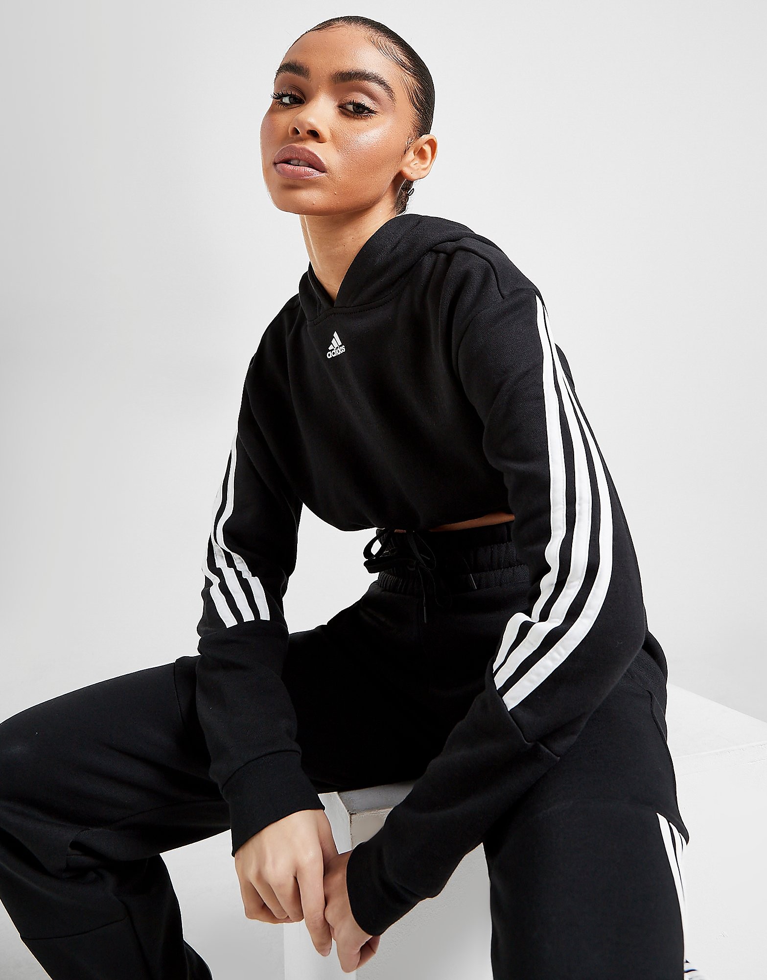 

adidas 3-Stripes Micro Crop Hoodie - Black - Womens, Black