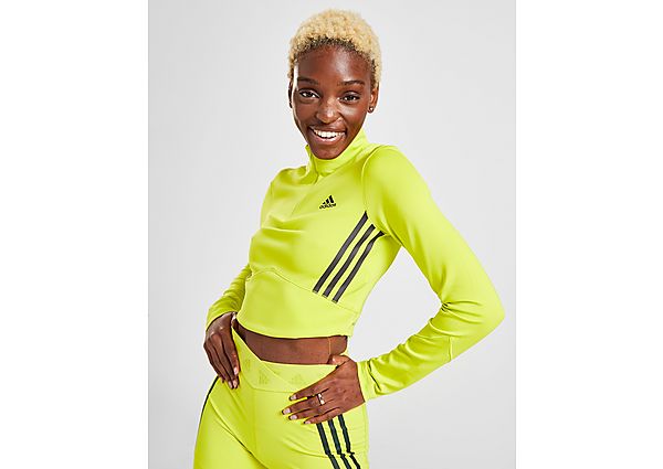 adidas Crop Top 3-Stripes Mesh 1/4 Zip Femme - Acid Yellow / Black, Acid Yellow / Black