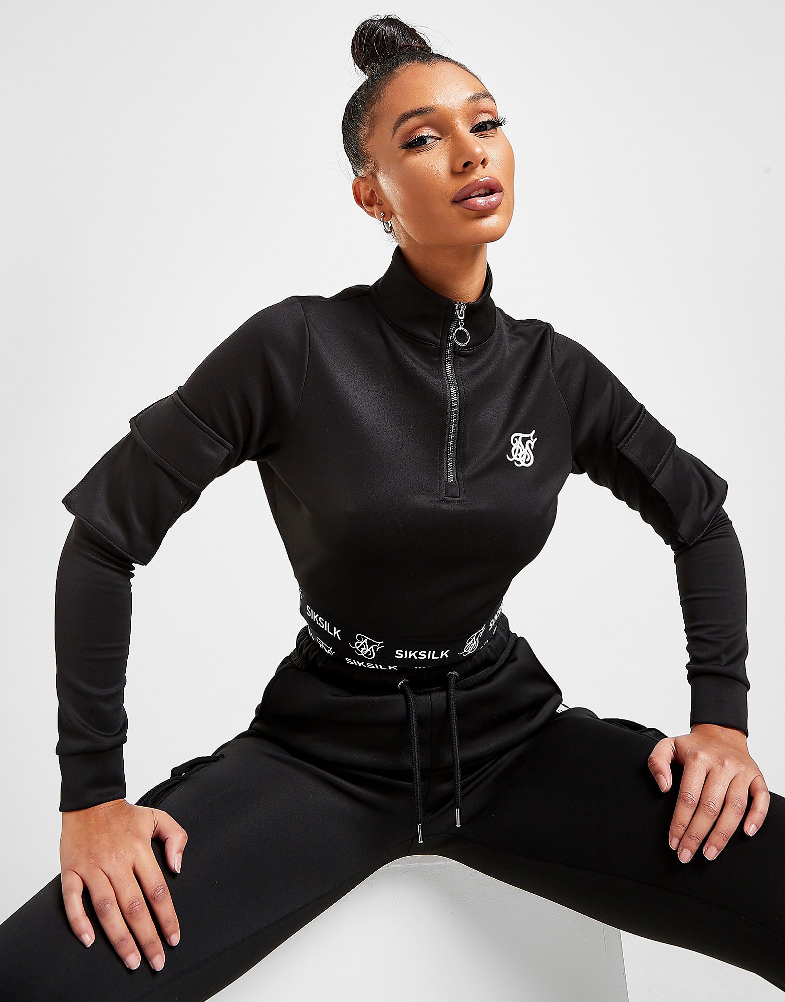 

SikSilk Poly 1/4 Zip Cargo Track Top - Only at JD - Black - Womens, Black