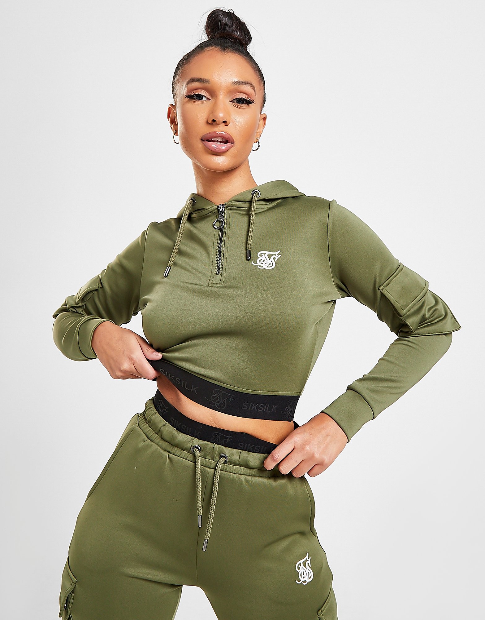 

SikSilk Cargo Pocket Crop Hoodie - Only at JD - Green - Womens, Green