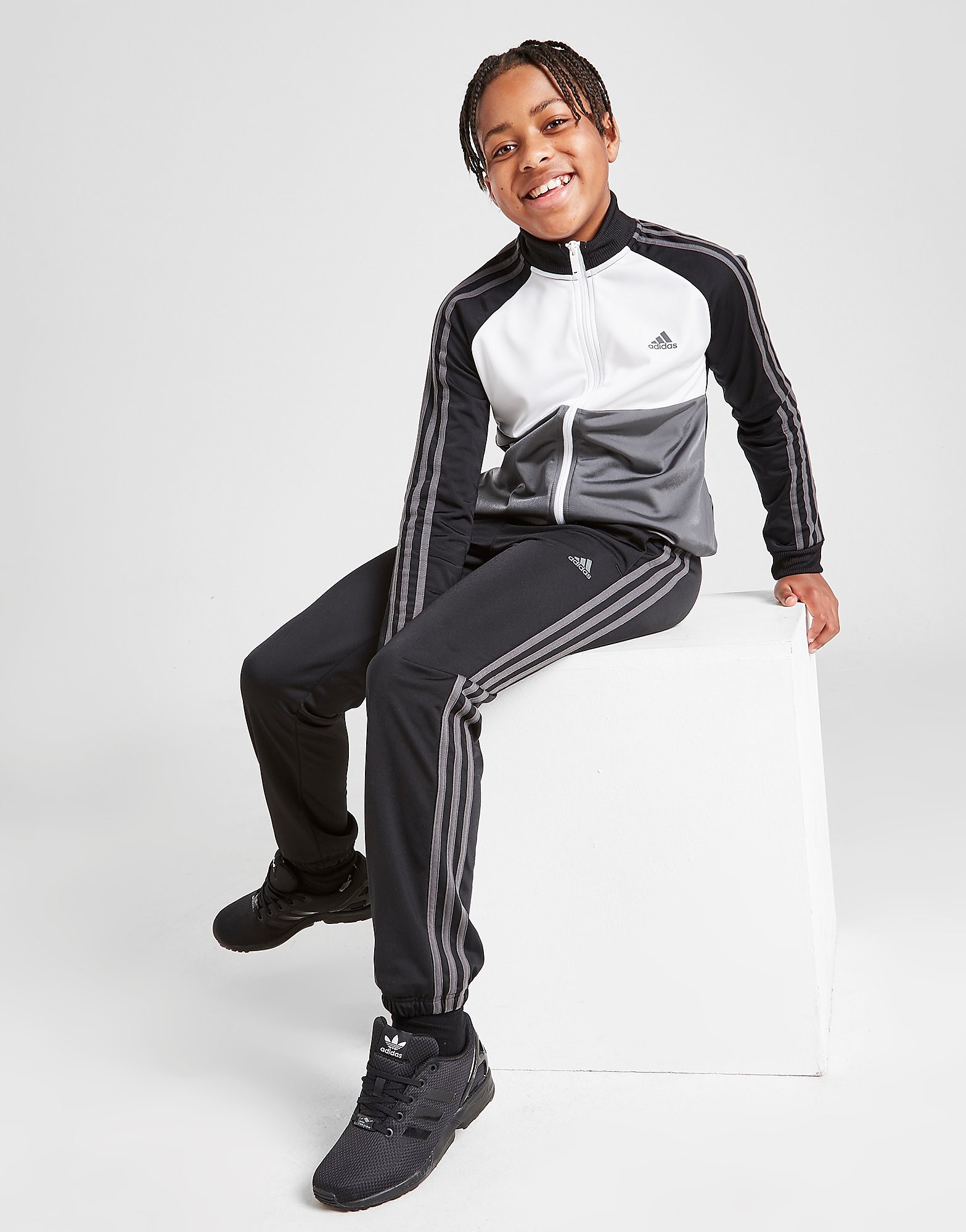 adidas 3-Stripes Poly Full Zip Tracksuit Junior - Black/White - Kids, Black/White