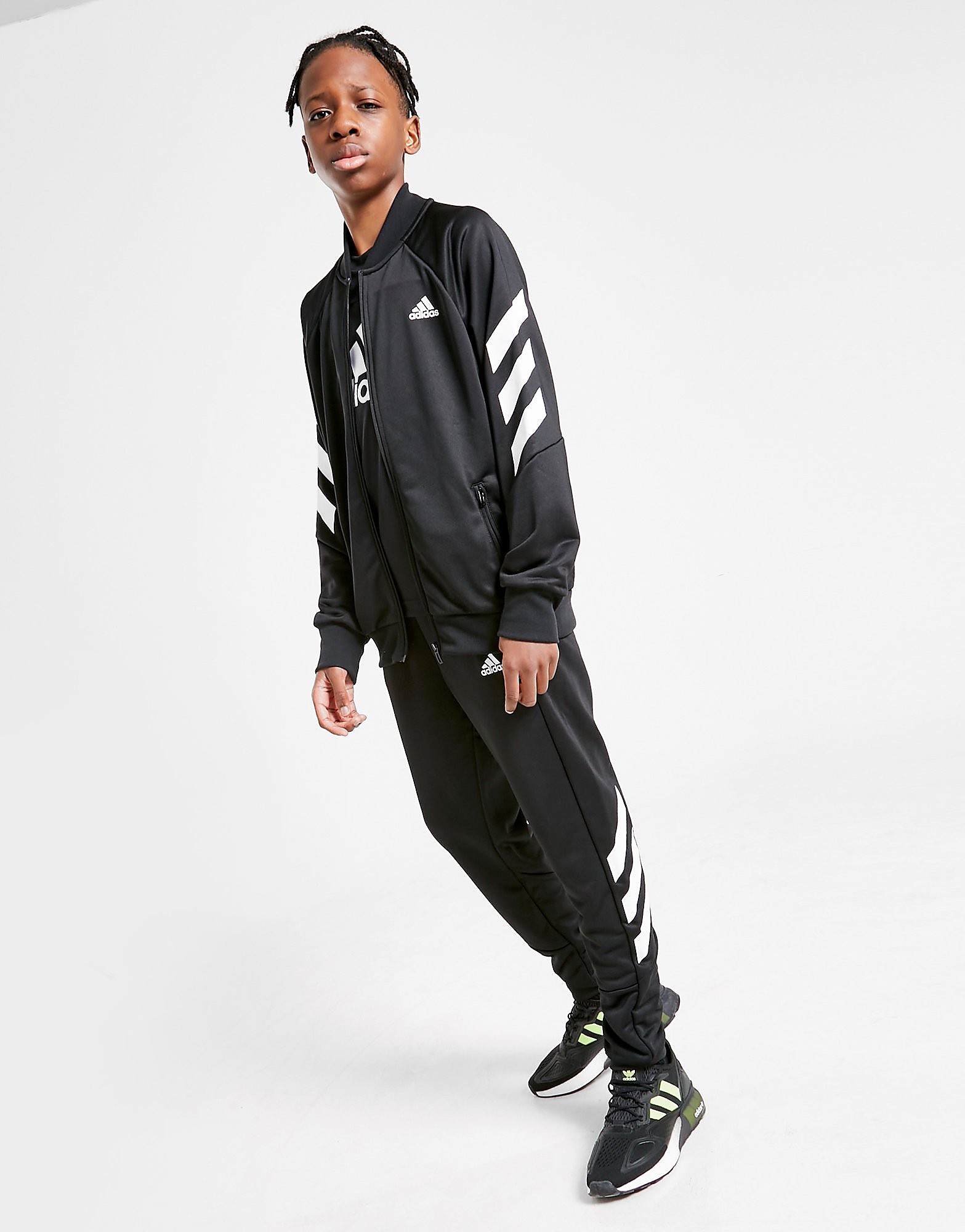 

adidas XFG Poly 3-Stripes Tracksuit Junior - Black / White/White - Kids, Black / White/White