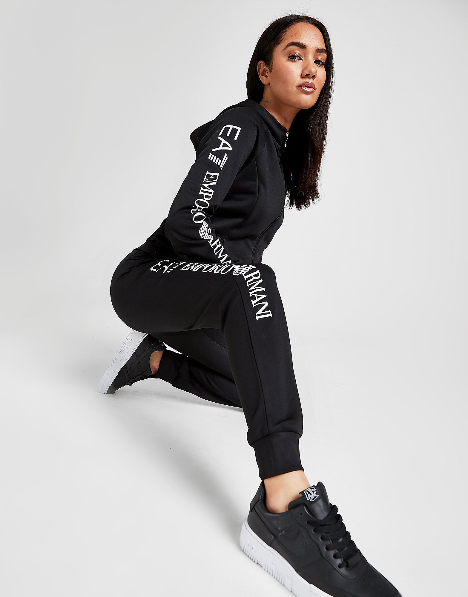 Emporio armani ea7 logo poly hooded tracksuit - only at jd - womens, musta, emporio  armani ea7, JD Sports