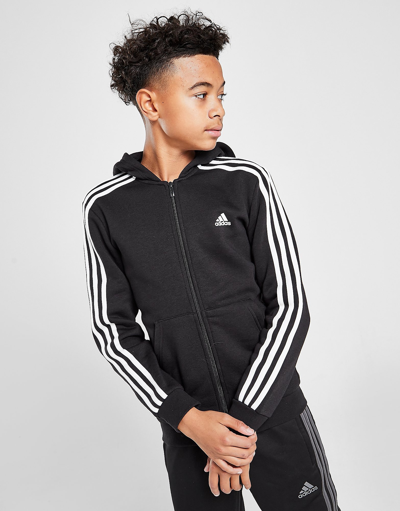 

adidas 3-Stripes Full Zip Hoodie Junior - Black / White - Kids, Black / White