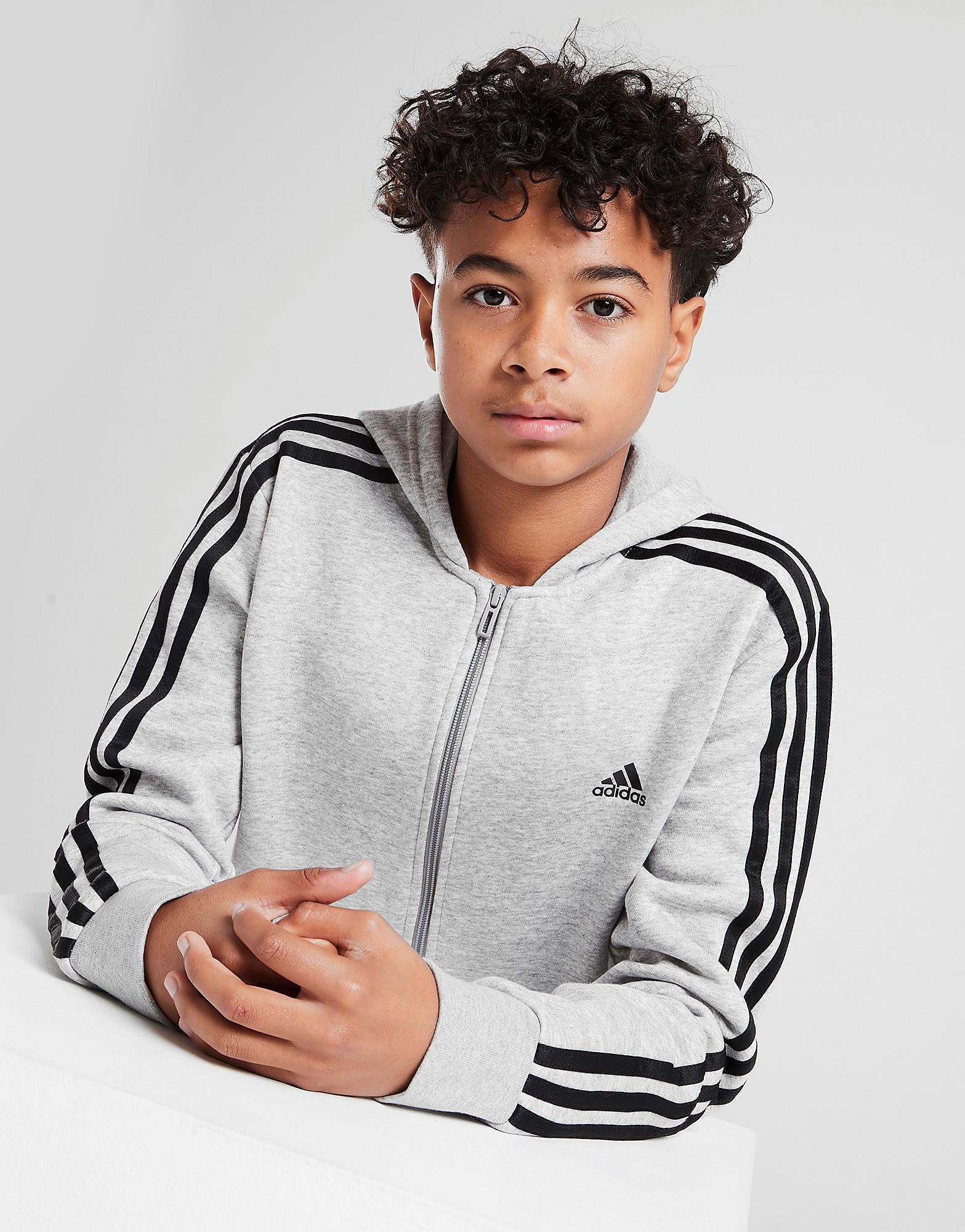 

adidas 3-Stripes Full Zip Hoodie Junior - Medium Grey Heather / Black - Kids, Medium Grey Heather / Black