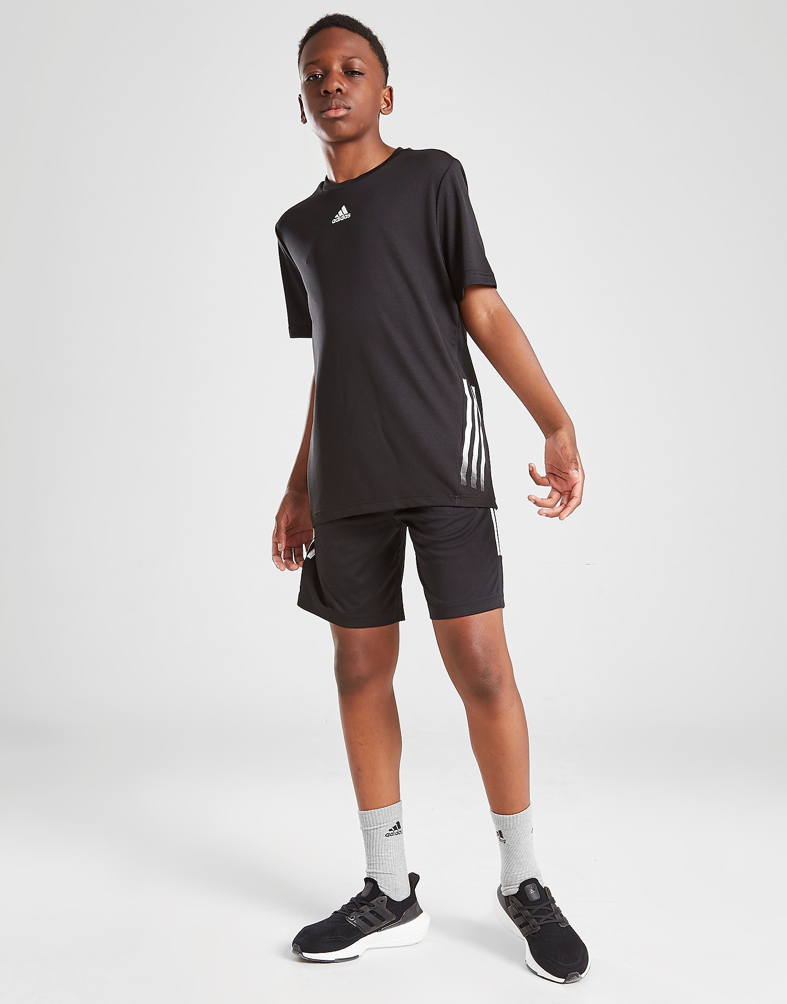 

adidas 3-Stripes Poly T-Shirt Junior - Black / White / White - Kids, Black / White / White