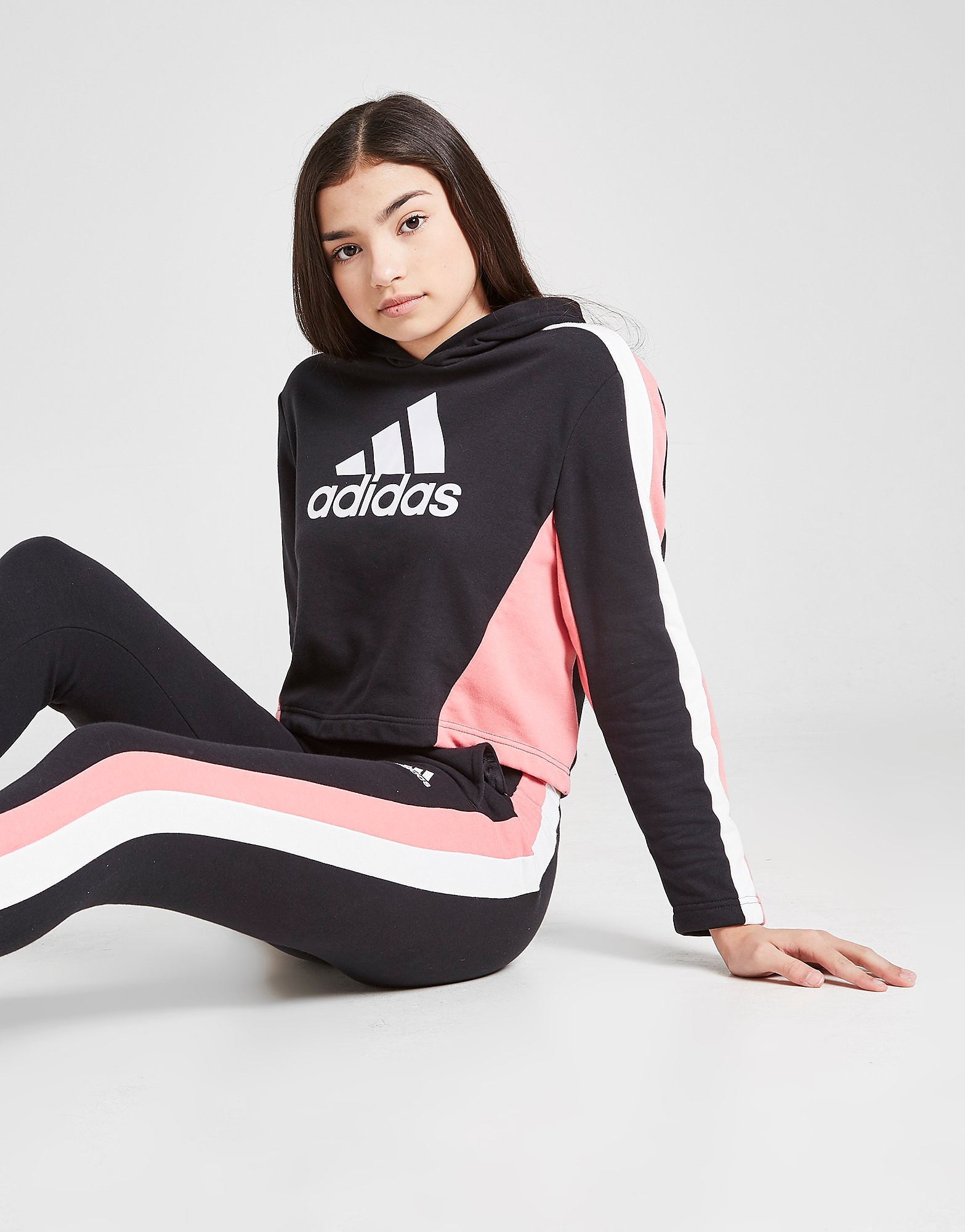 

adidas Girls' Badge Of Sport Crop Hooded Tracksuit Junior - Black / White / Hazy Rose/Pink - Kids, Black / White / Hazy Rose/Pink