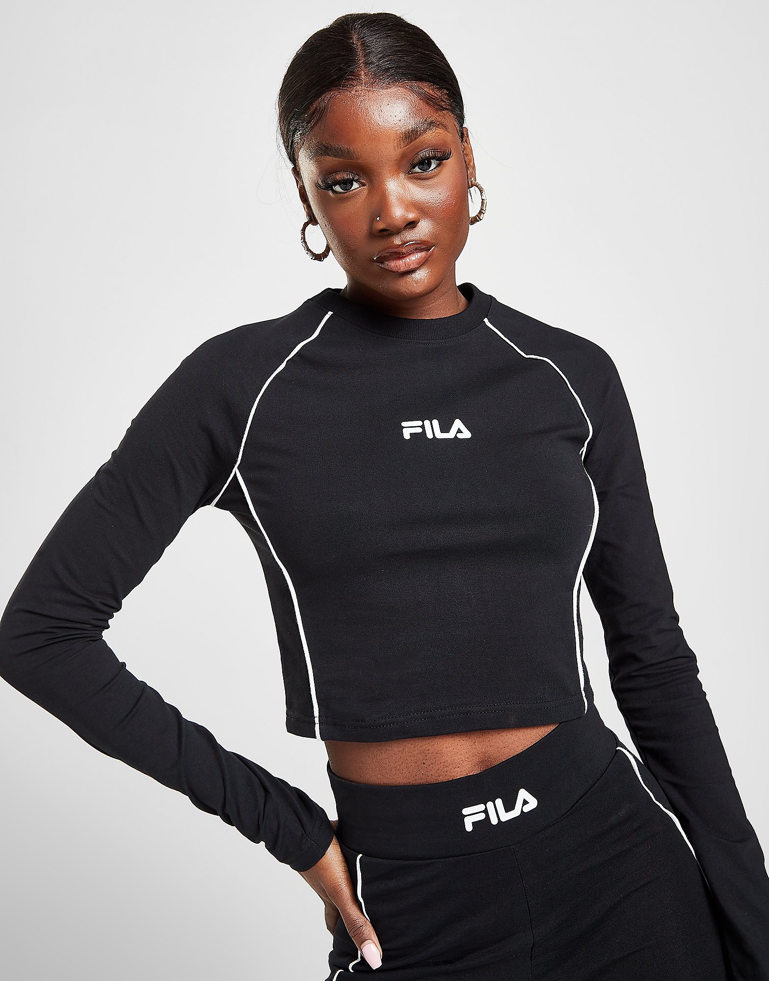 

Fila Pipe Panel Long Sleeve Crop T-Shirt - Only at JD - Black - Womens, Black