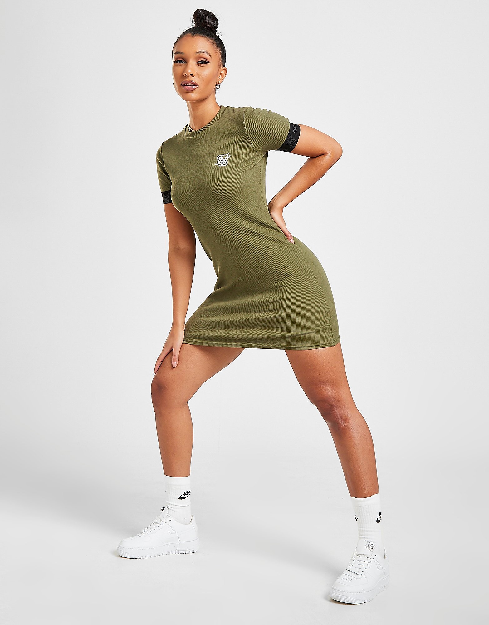 

SikSilk Rib Tape Logo Short Sleeve Dress - Only at JD - Green/Black - Womens, Green/Black