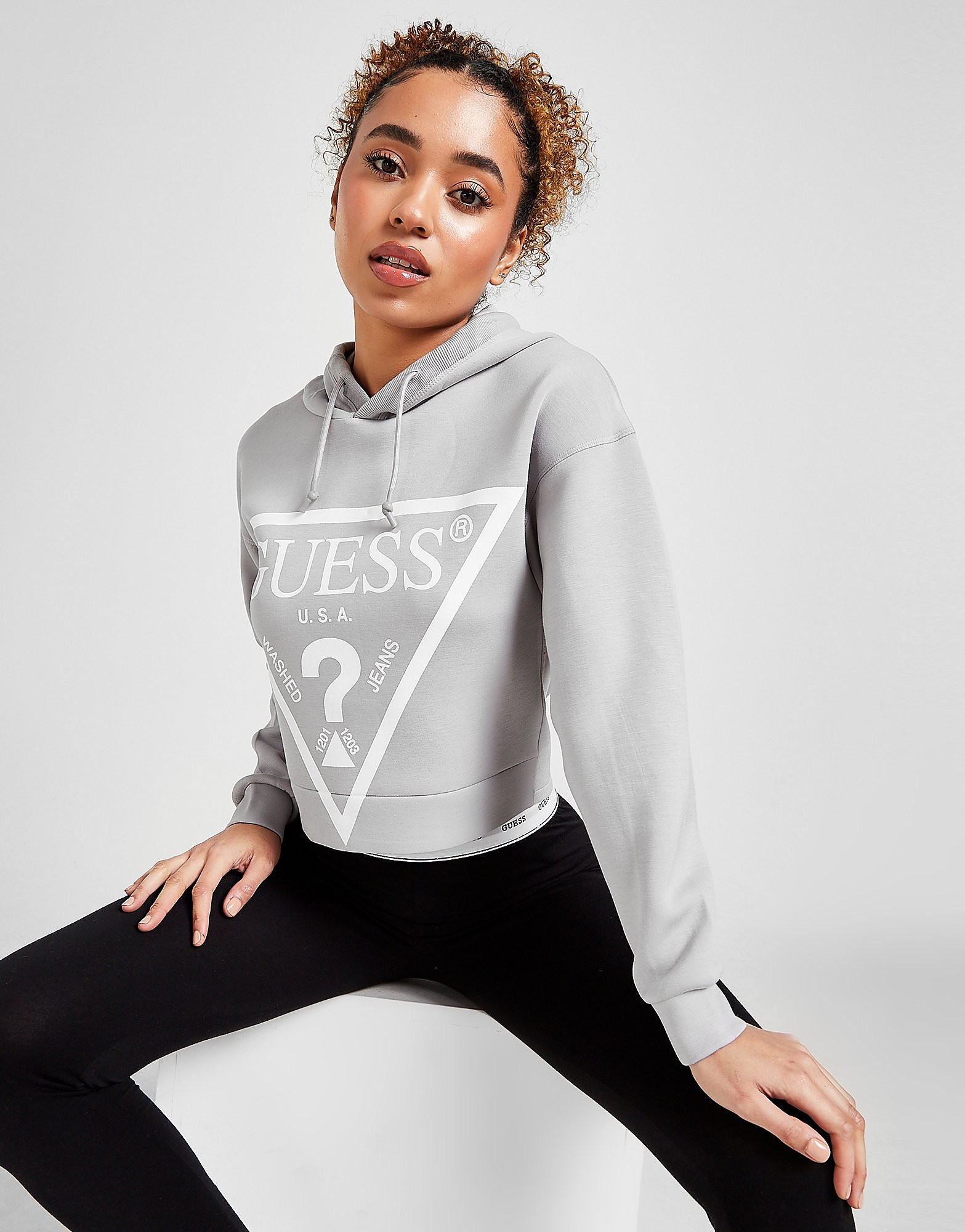 

GUESS Triangle Logo Crop Hoodie - Grey - Womens, Grey