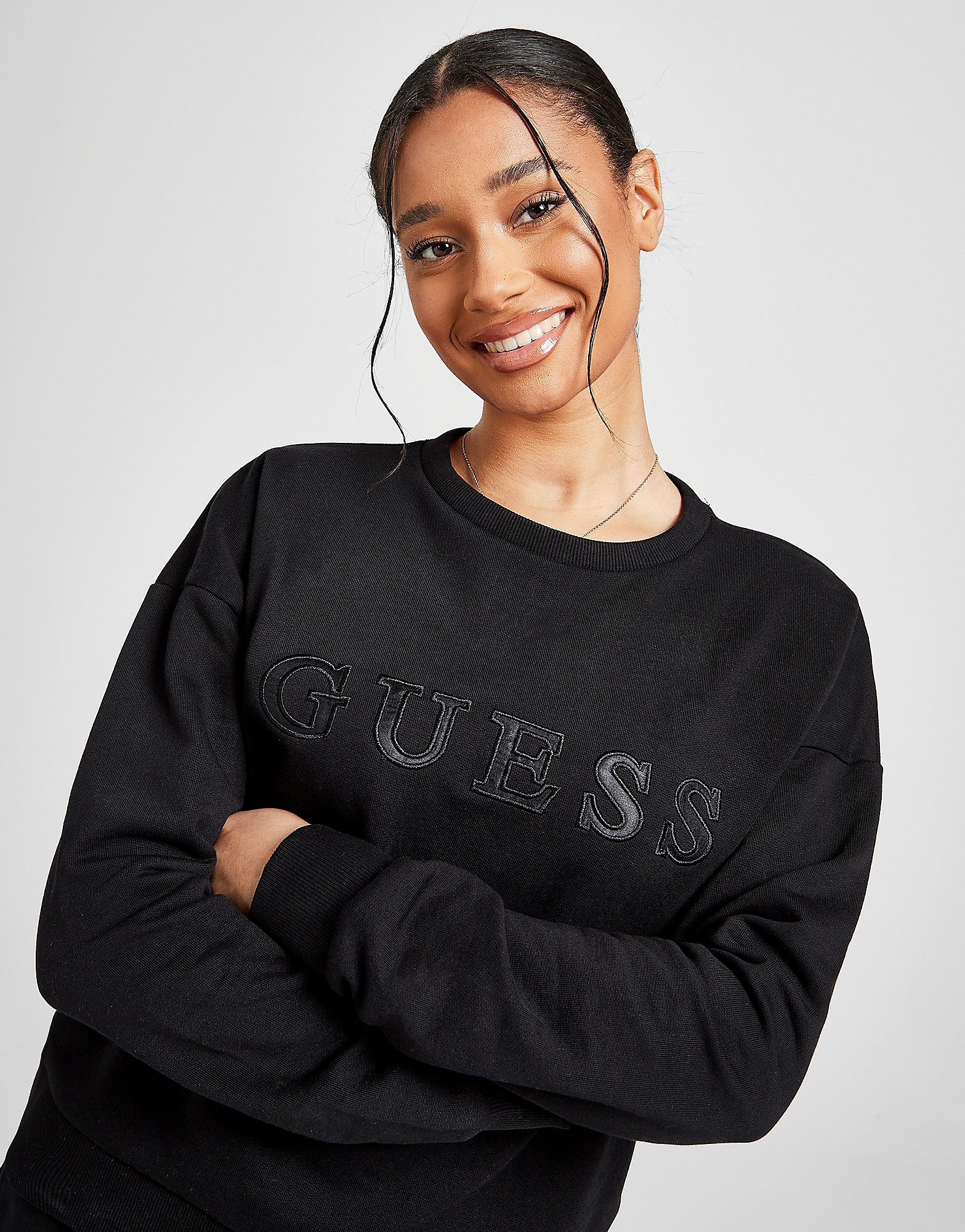 

GUESS Satin Logo Crew Sweatshirt - Black - Womens, Black