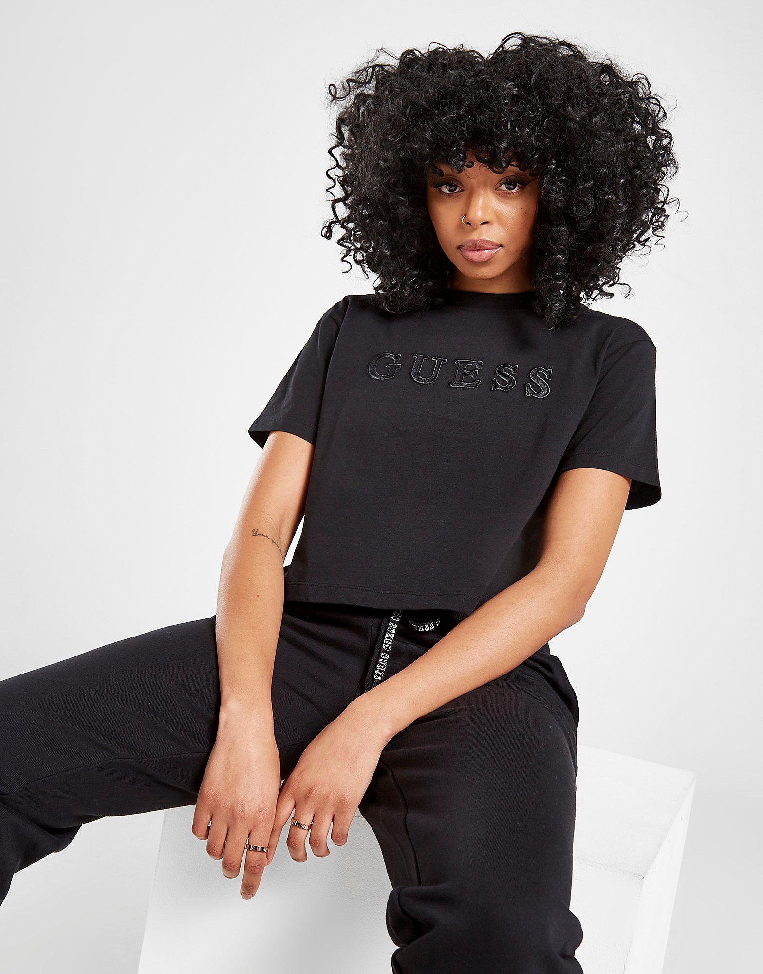 

GUESS Satin Logo Crop T-Shirt - Black - Womens, Black