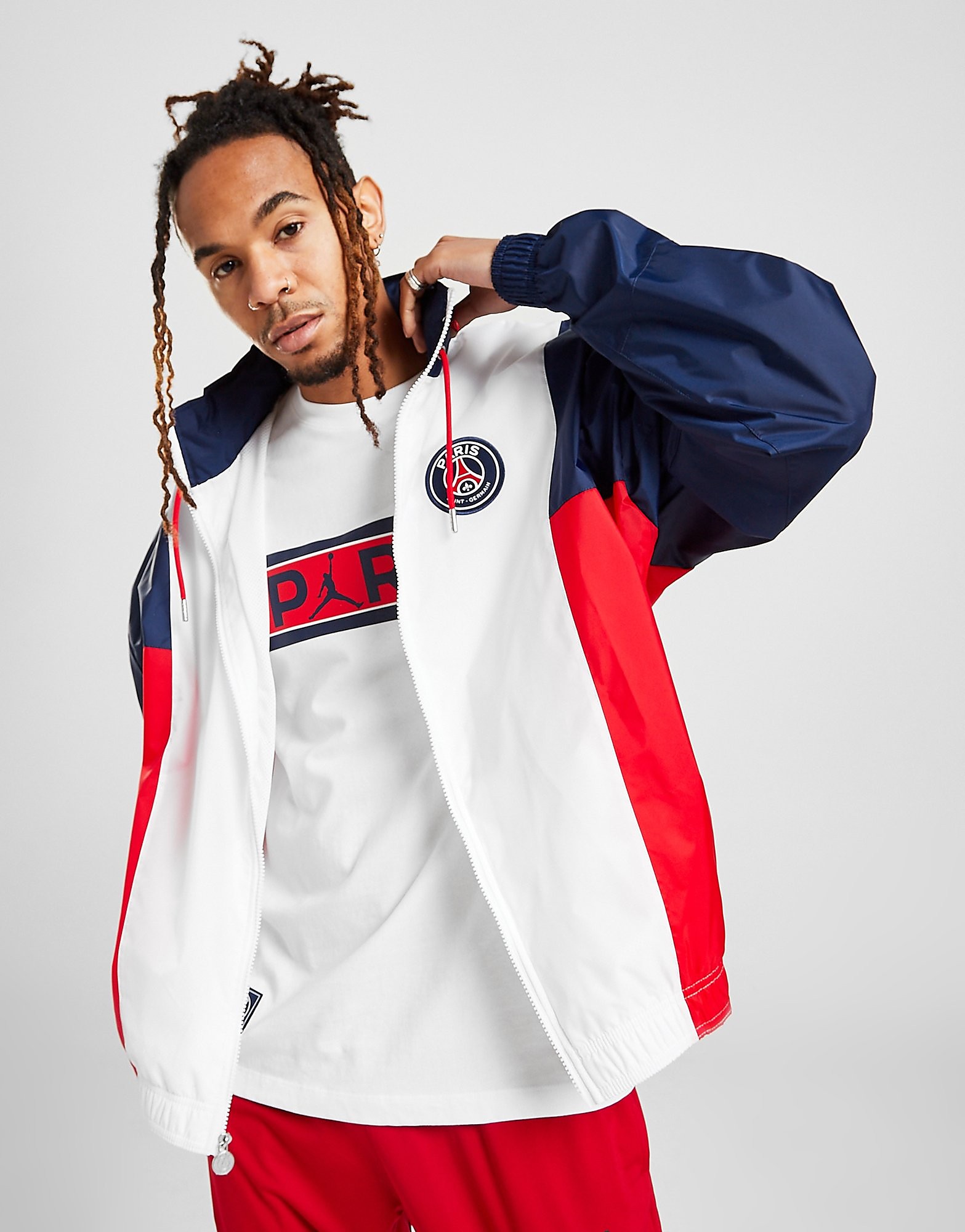 

Jordan Paris Saint Germain Nylon Hooded Jacket - White/Blue - Mens, White/Blue