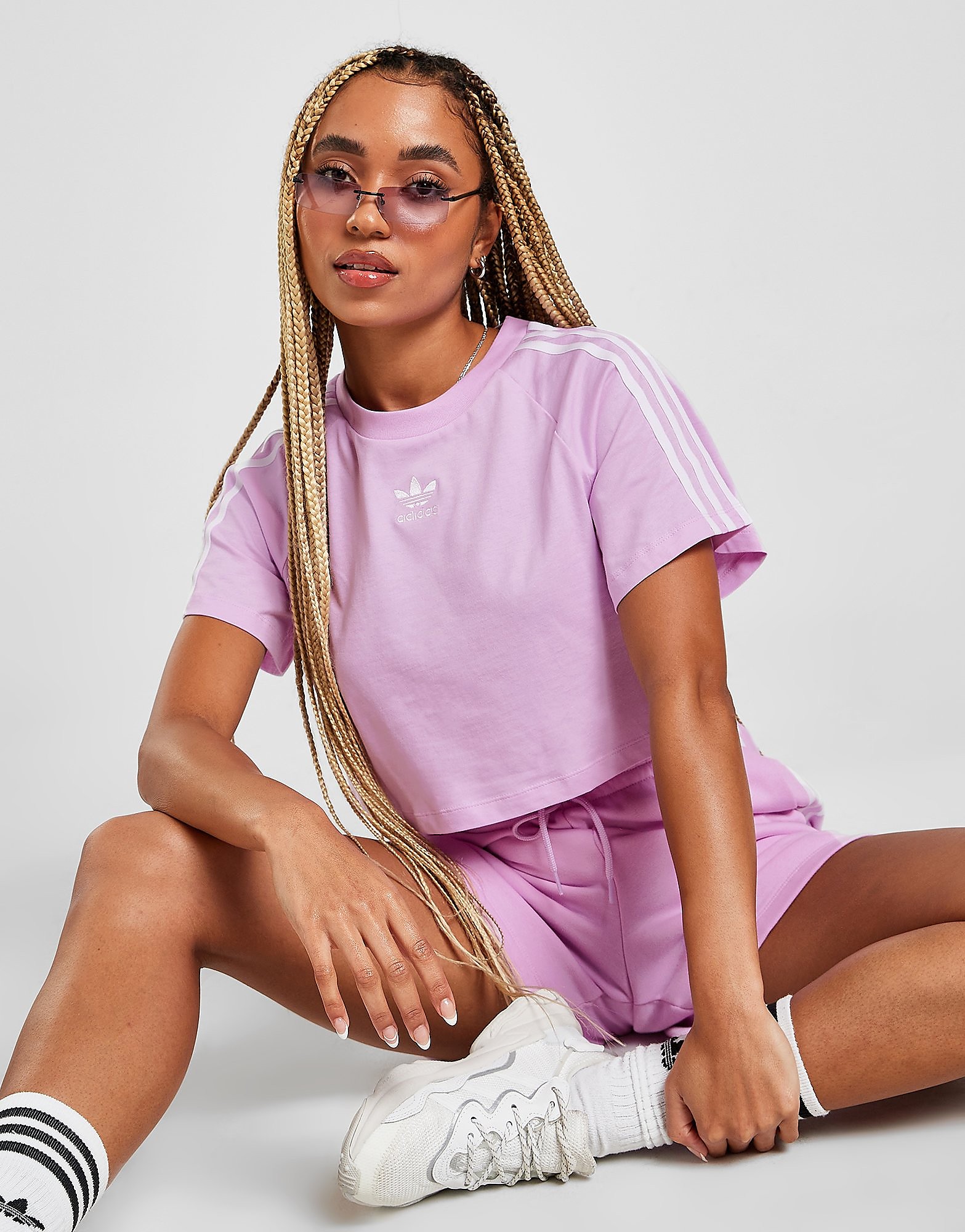 adidas Originals 3-Stripes Essential Crop T-Shirt - Only at JD - Purple - Womens, Purple