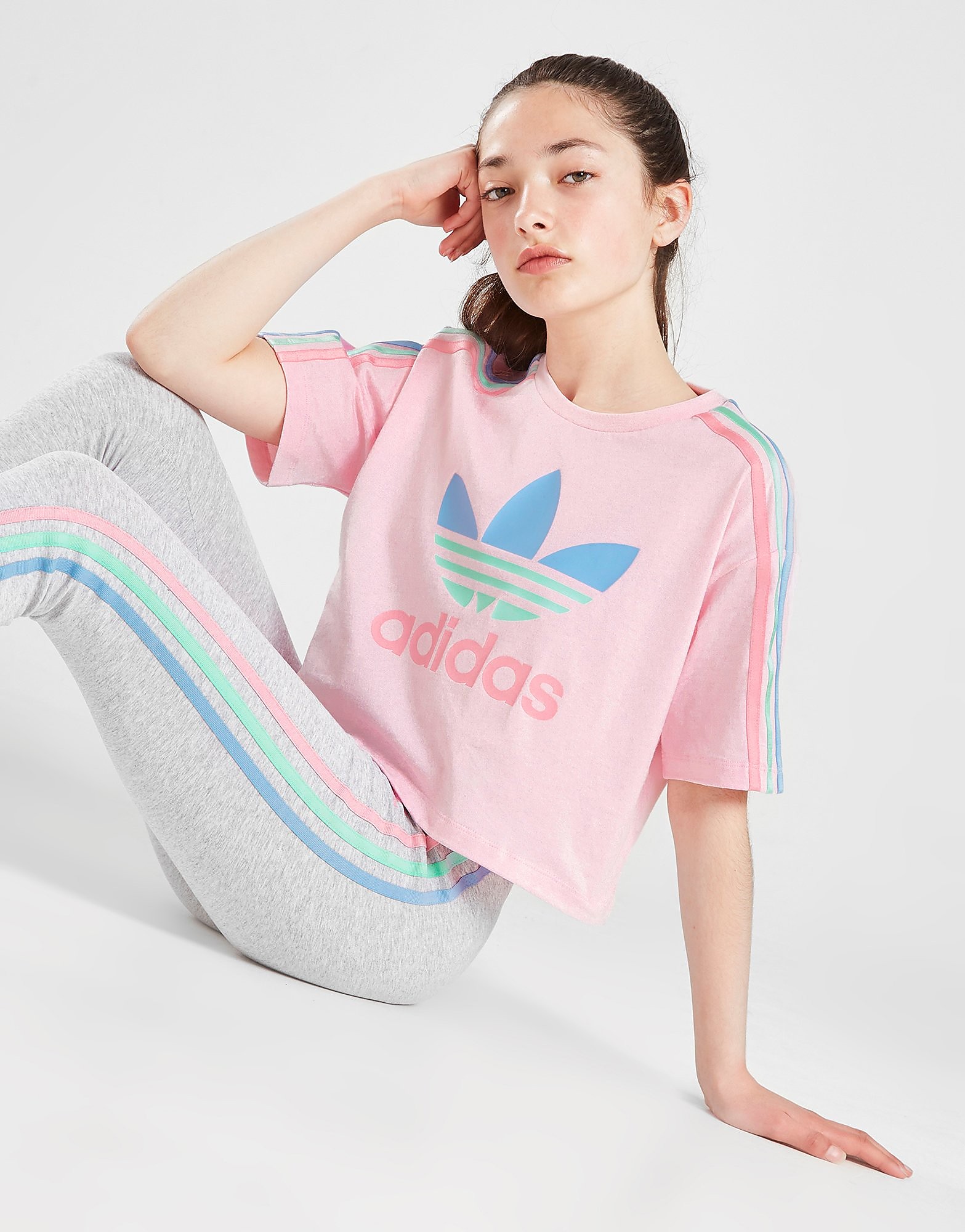 

adidas Originals Girls' Tricolour 3-Stripes Crop T-Shirt Junior - Pink - Kids, Pink